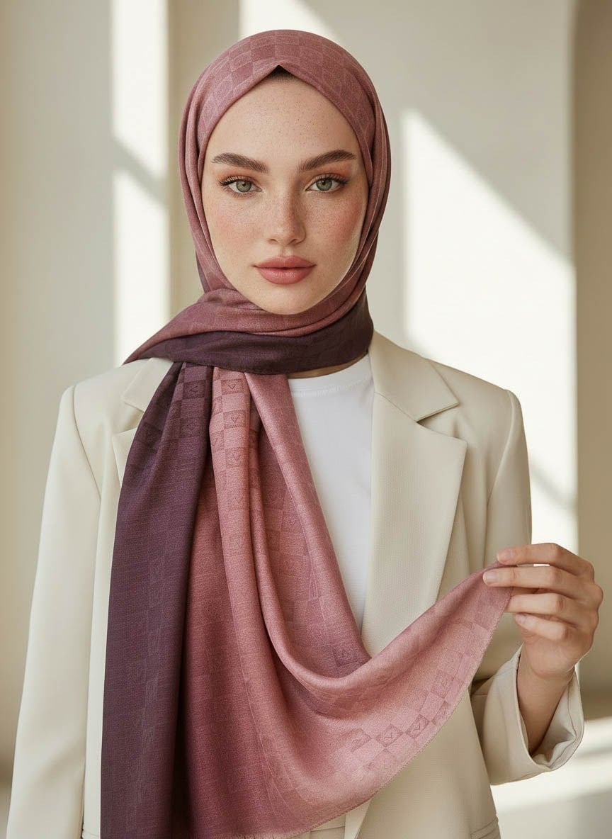 Vissona %57 İPEK %43 PAMUK Degrade Desenli Gül Kurusu Renkli Şal -  70x190 Dikiş Tipi İtalyan Dikişli