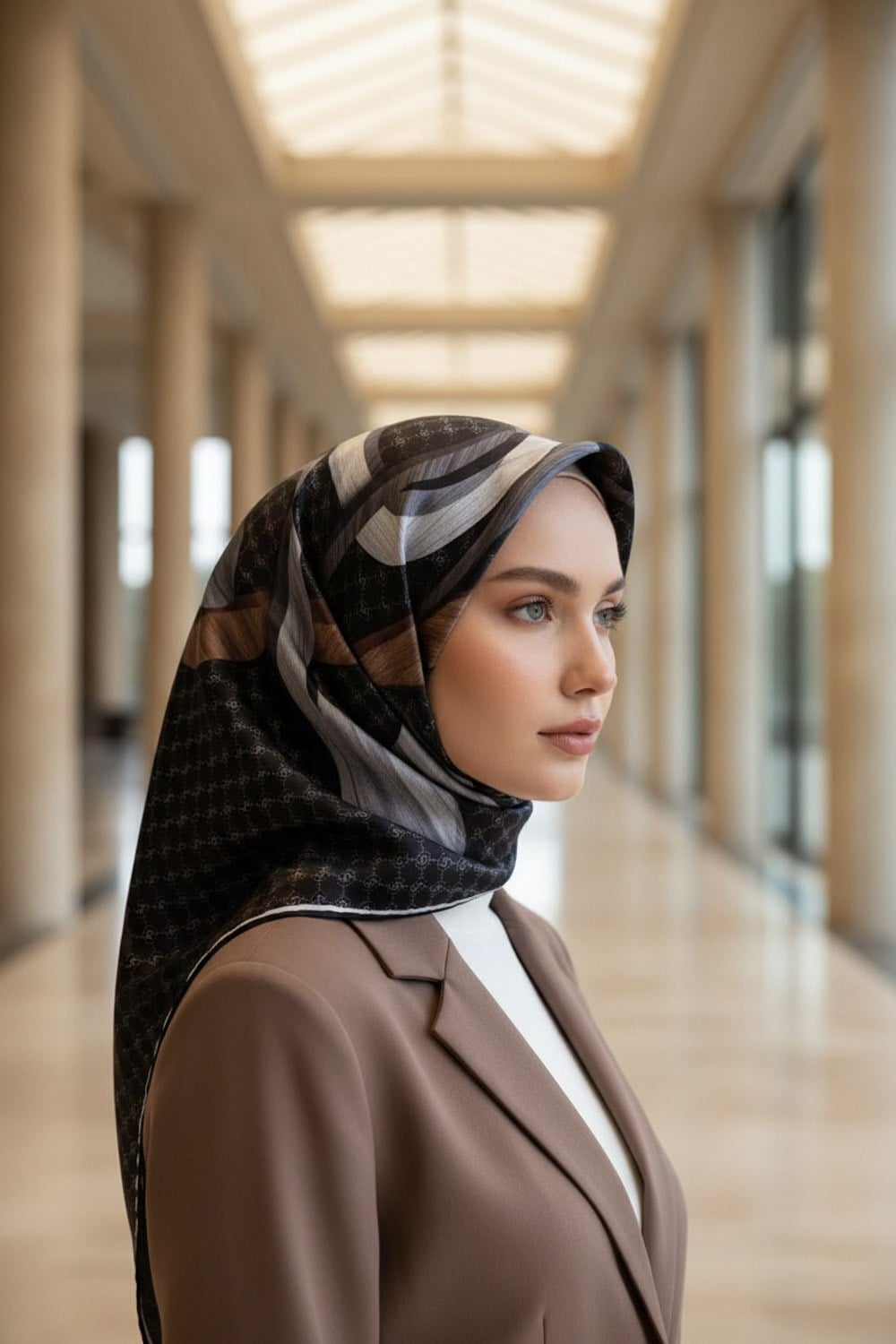 100% Twill Geometrik Halka Desenli Siyah - Gri Renkli 90x90 Dikim Şekli : El Dikişi Eşarp