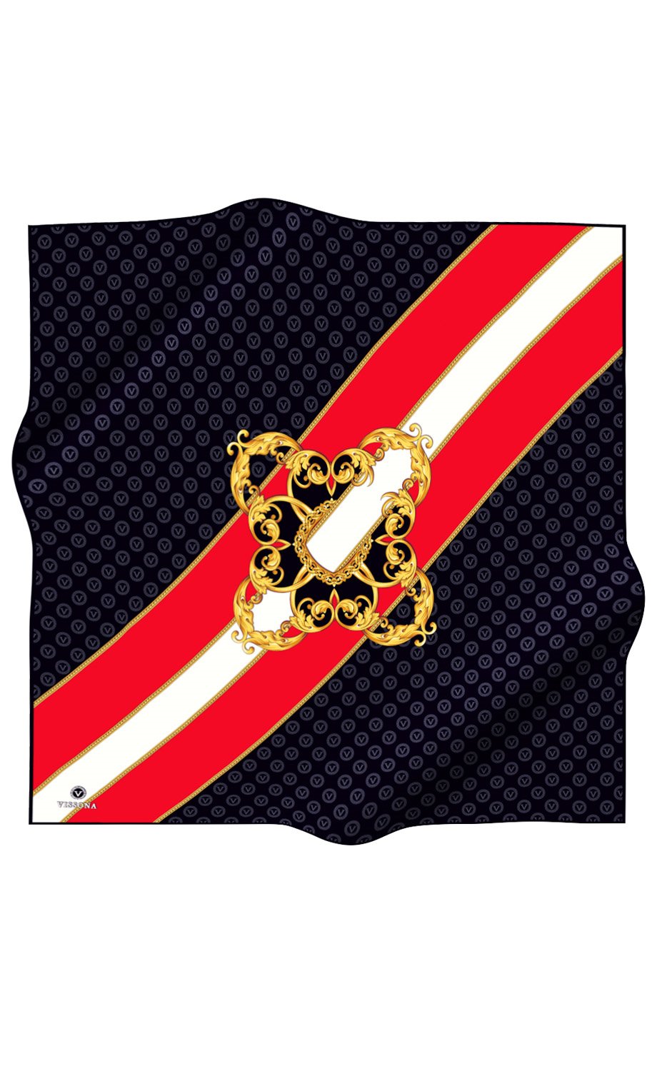 %100 Twill İpek Monogram Ve Barok Desenli Siyah - Kırmızı Renkli 90x90 Eşarp Dikim Şekli : El Dikişi