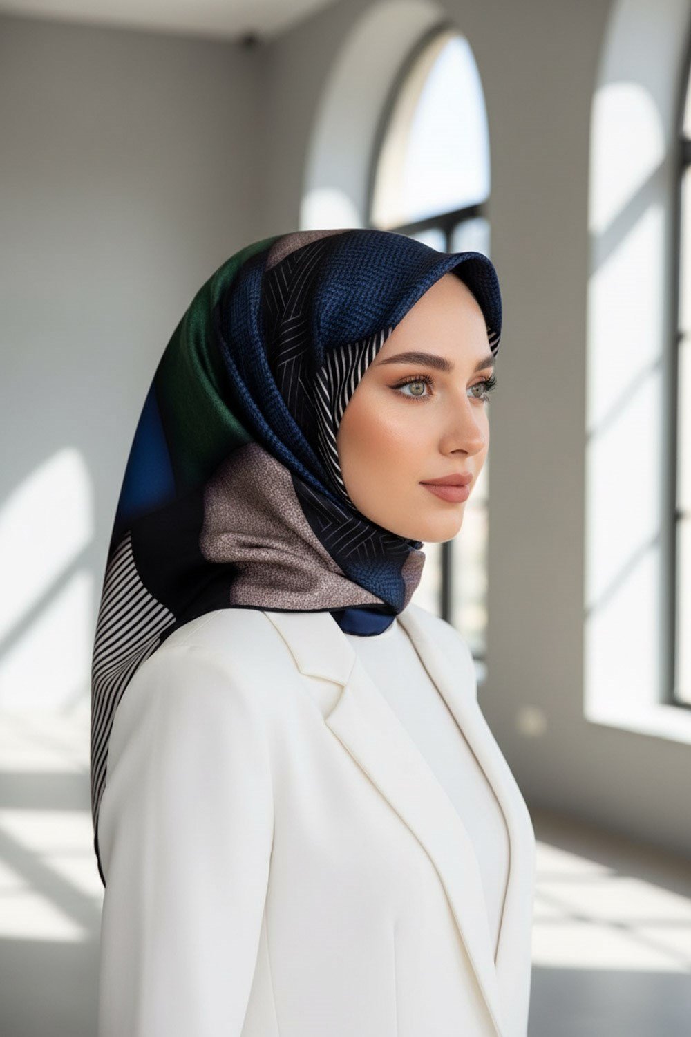 %100 Twill İpek Dokulu ve Geometrik Desenli Lacivert - Zümrüt Yeşili Renkli 90x90 Eşarp Dikim Şekli : El Dikişi
