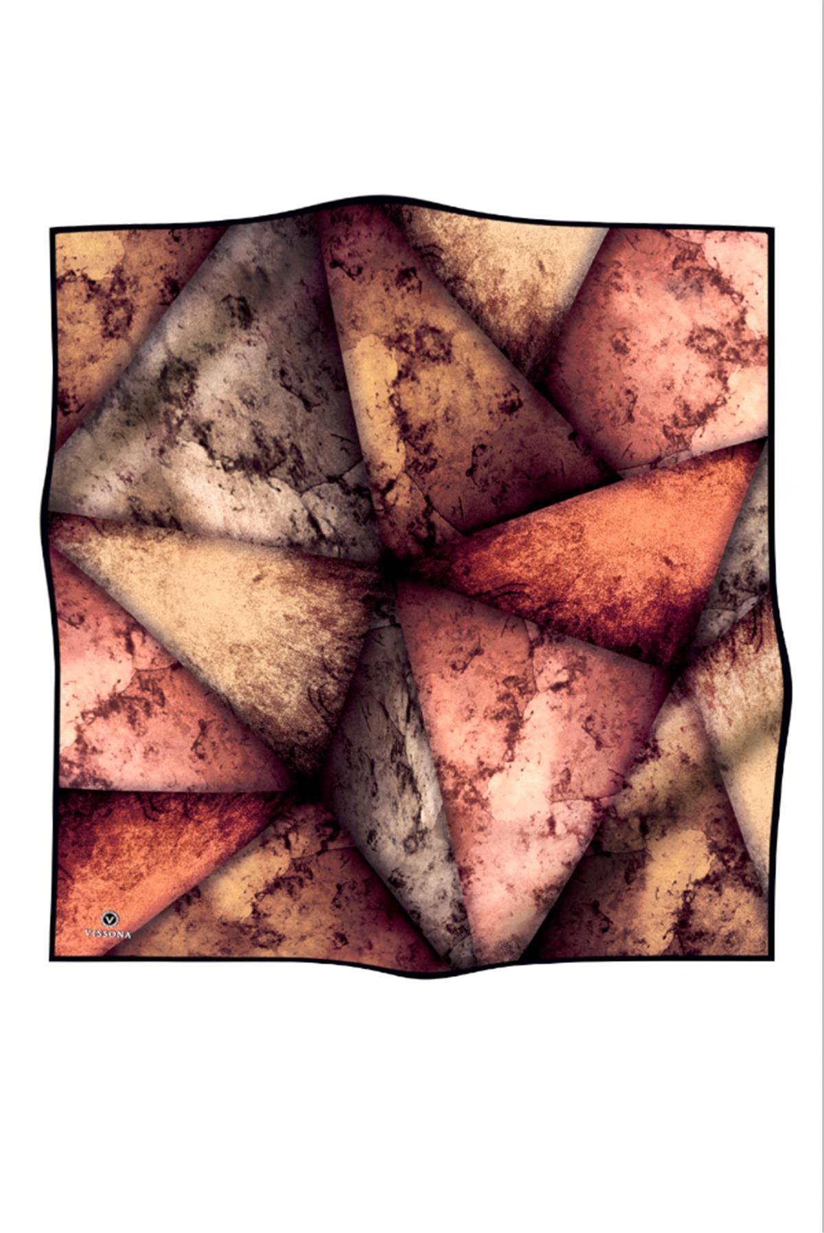 %100 Twill İpek Dokulu Ve Geometrik Desenli Taba - Hardal Renkli 90x90 Eşarp Dikim Şekli : El Dikişi