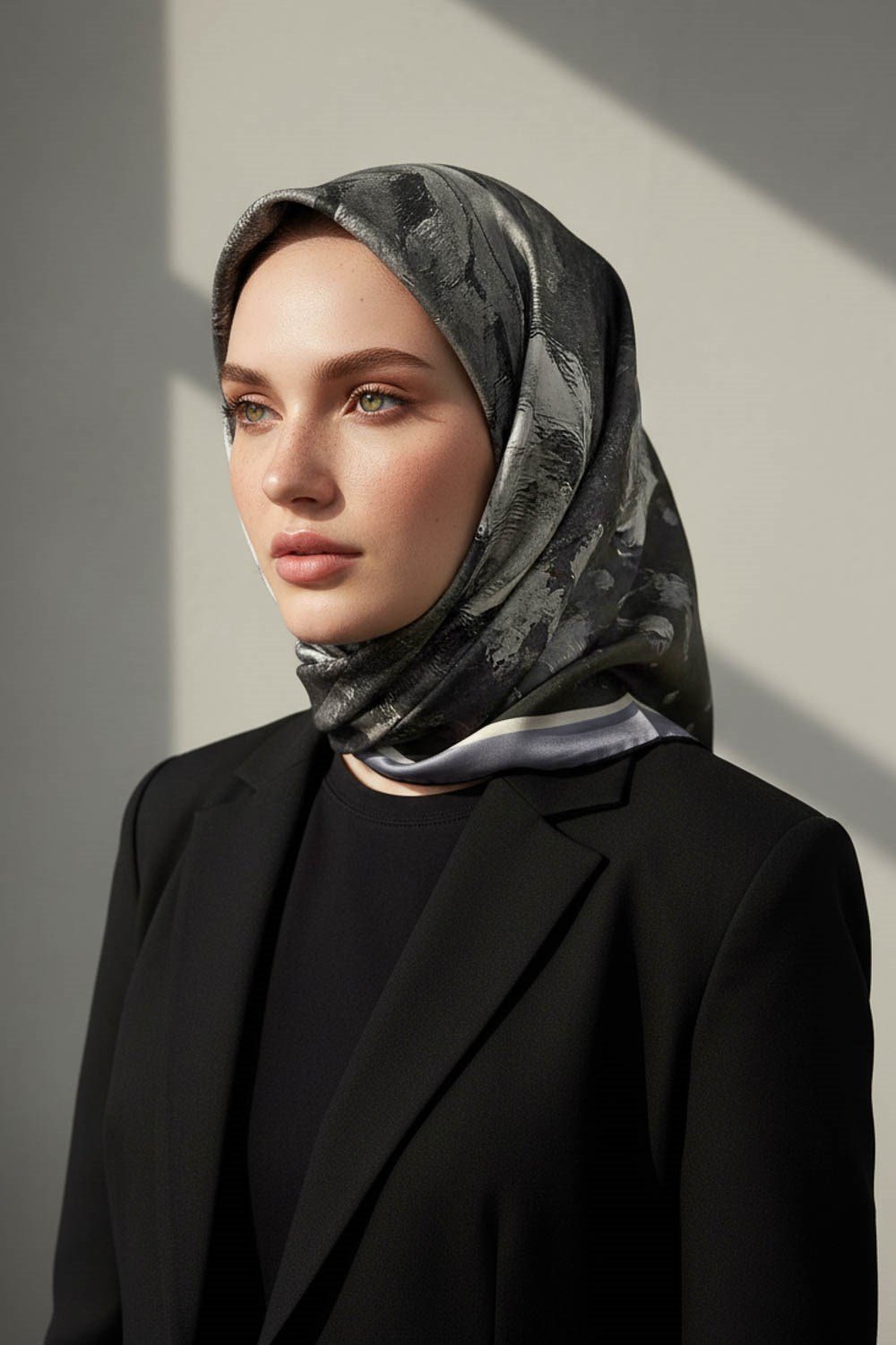 %100 Twill İpek Yağlı Boya Çiçek Desenli Gri Renkli 90x90 Eşarp Dikim Şekli : El Dikişi