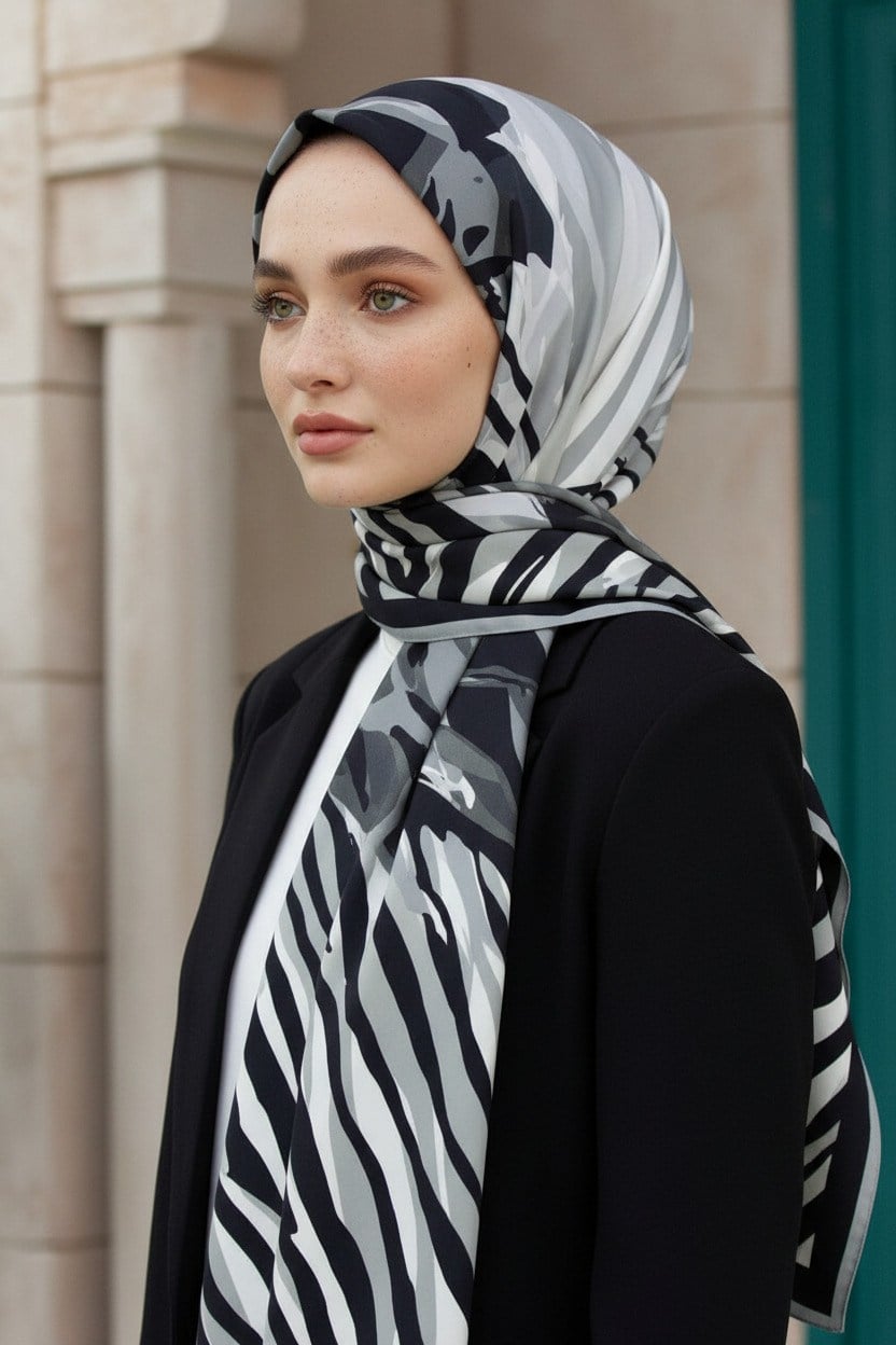 KREP ZEBRA VE ÇİÇEK DESENLİ GÜMÜŞ RENKLİ 75X195 KIRIŞMAZ ŞAL