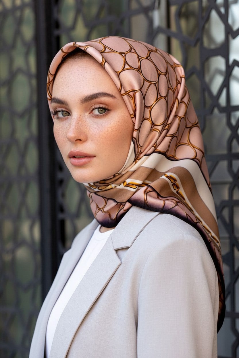 %100 Twill İpek Zincir Desenli Pudra - Bej Renkli 90x90 Eşarp Kenar Dikiş Şekli El Dikişli
