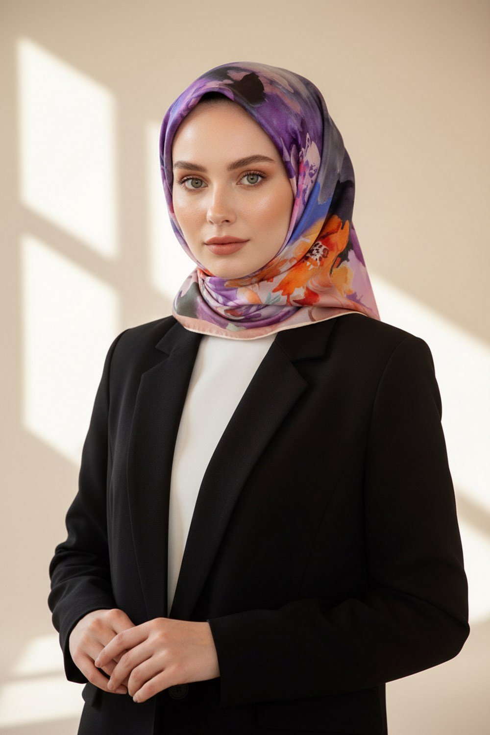 %100 Twill İpek Çiçek  Desenli Krem - Turuncu Renkli 90x90 Eşarp Dikim Şekli : El Dikişi