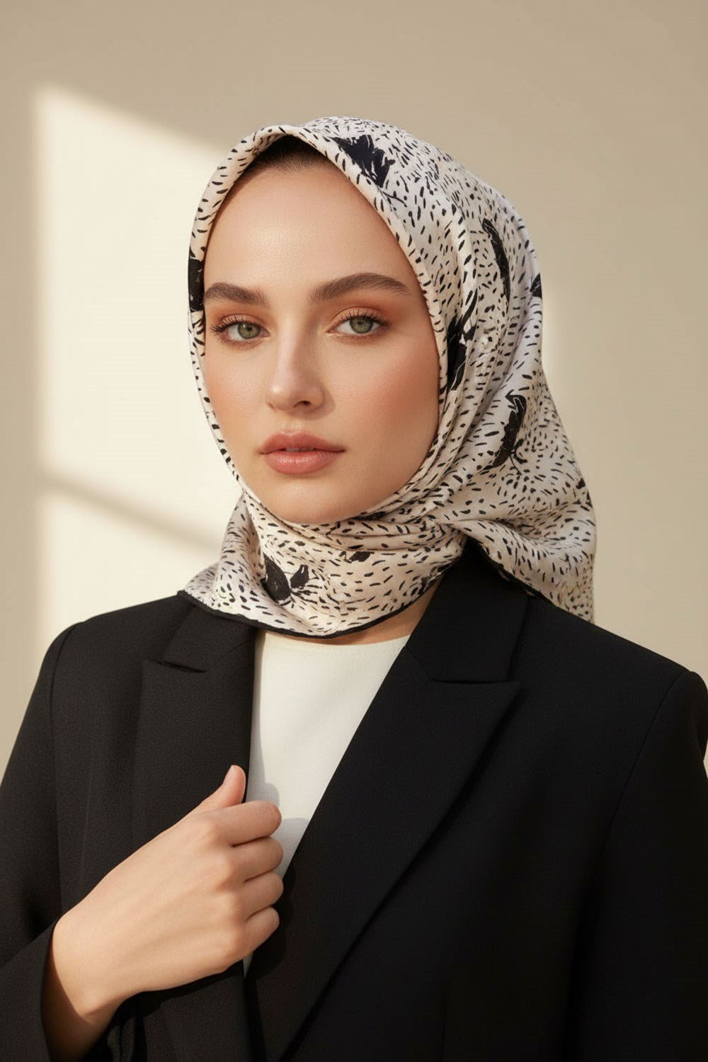 %100 Twill İpek Çıtır Çiçek Desenli Krem - Siyah Renkli 90x90 Eşarp Dikim Şekli : El Dikişi