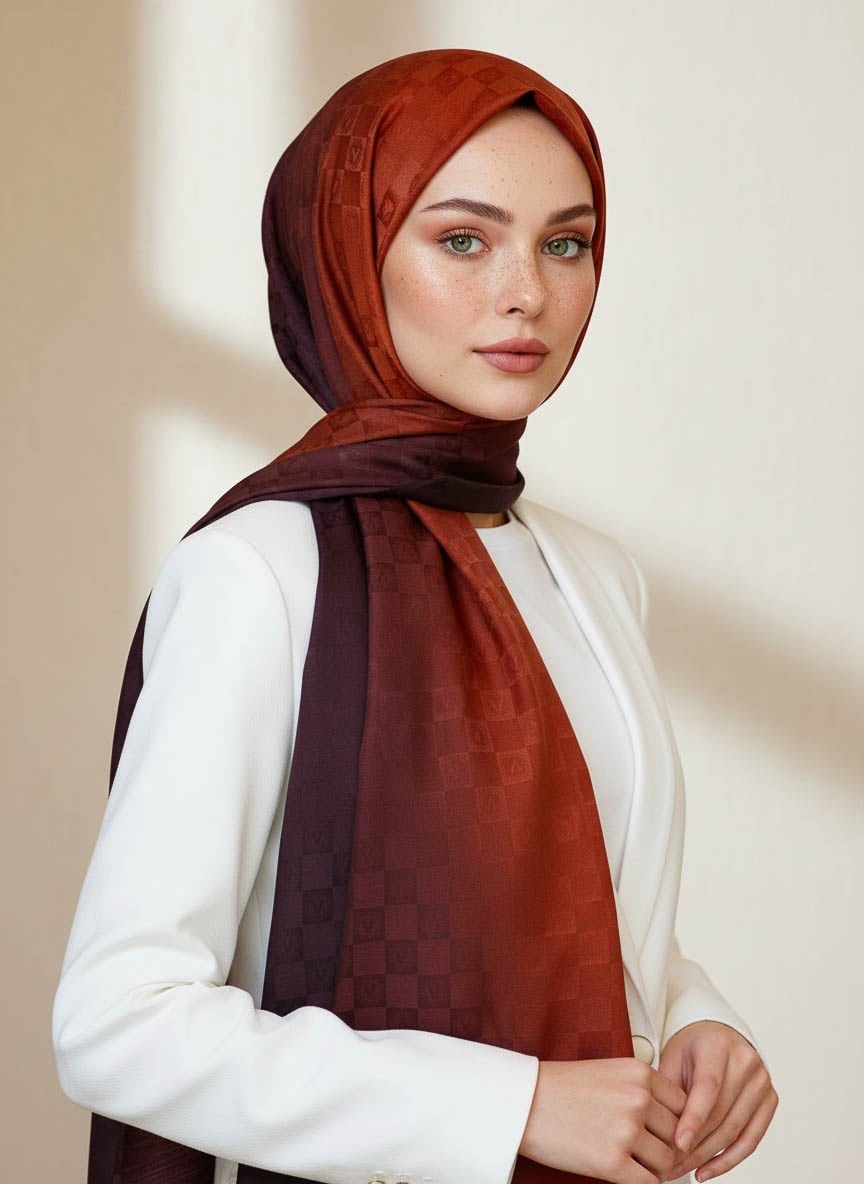 Vissona %57 İPEK %43 PAMUK Degrade Desenli Taba Renkli Şal -  70x190 Dikiş Tipi İtalyan Dikişli