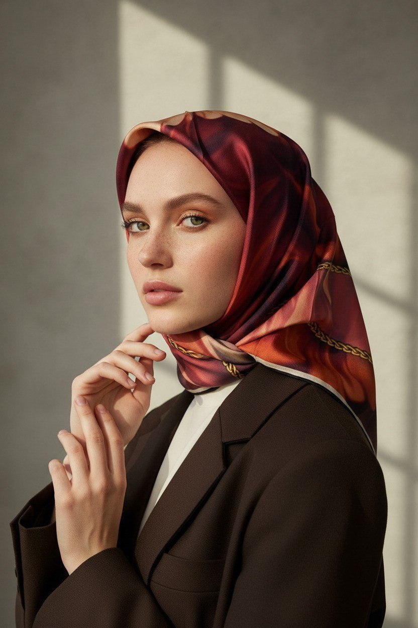 % 57 İPEK % 43 VİSKON Twill İpek Çiçek Geometrik Desenli tabalı kırmızılı Renkli 90x90 Eşarp Dikim Şekli : El Dikişi