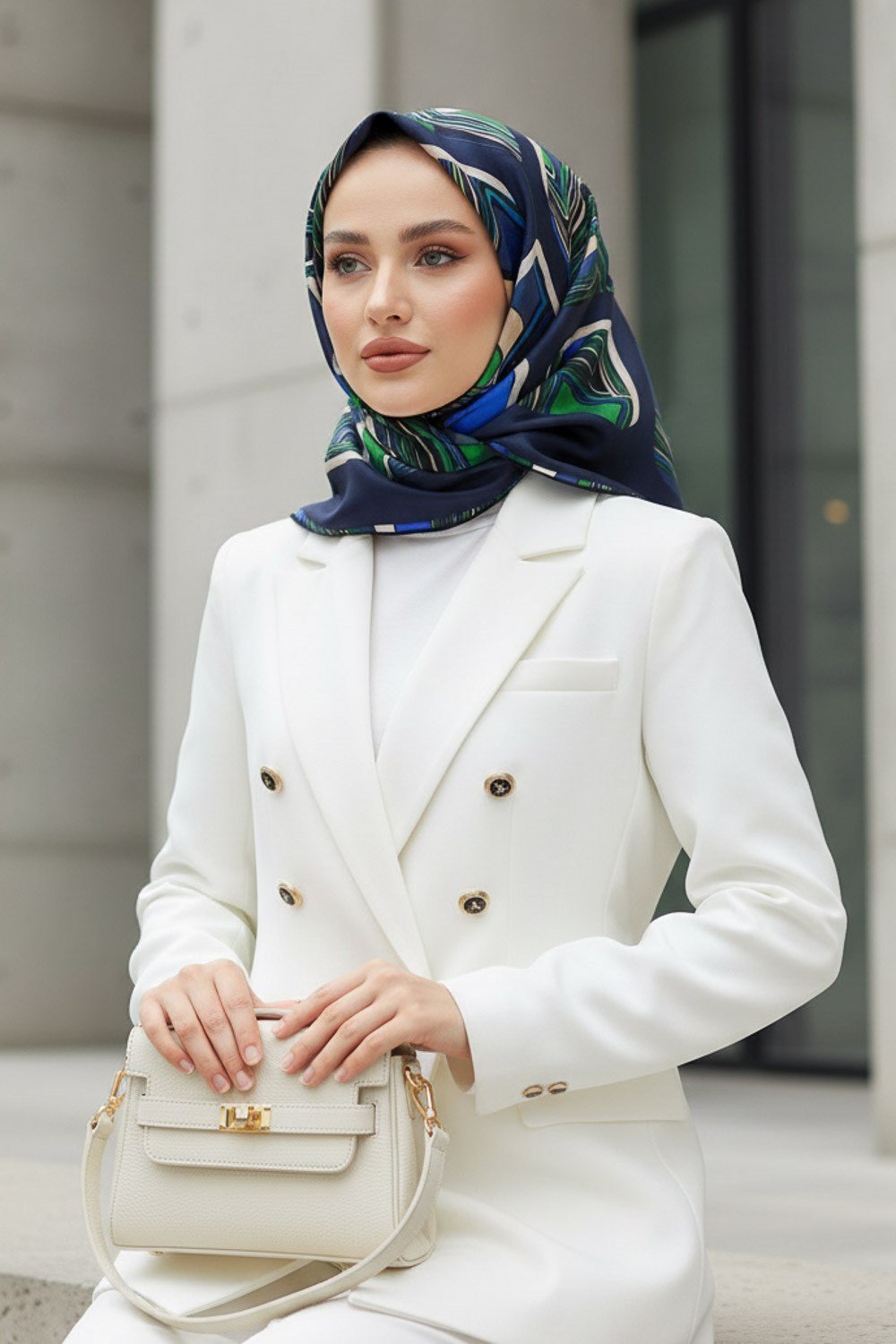 %100 Twill İpek Geometrik Kare Desenli Lacivert - Zümrüt Yeşili Renkli 90x90 Eşarp Dikim Şekli : El Dikişi