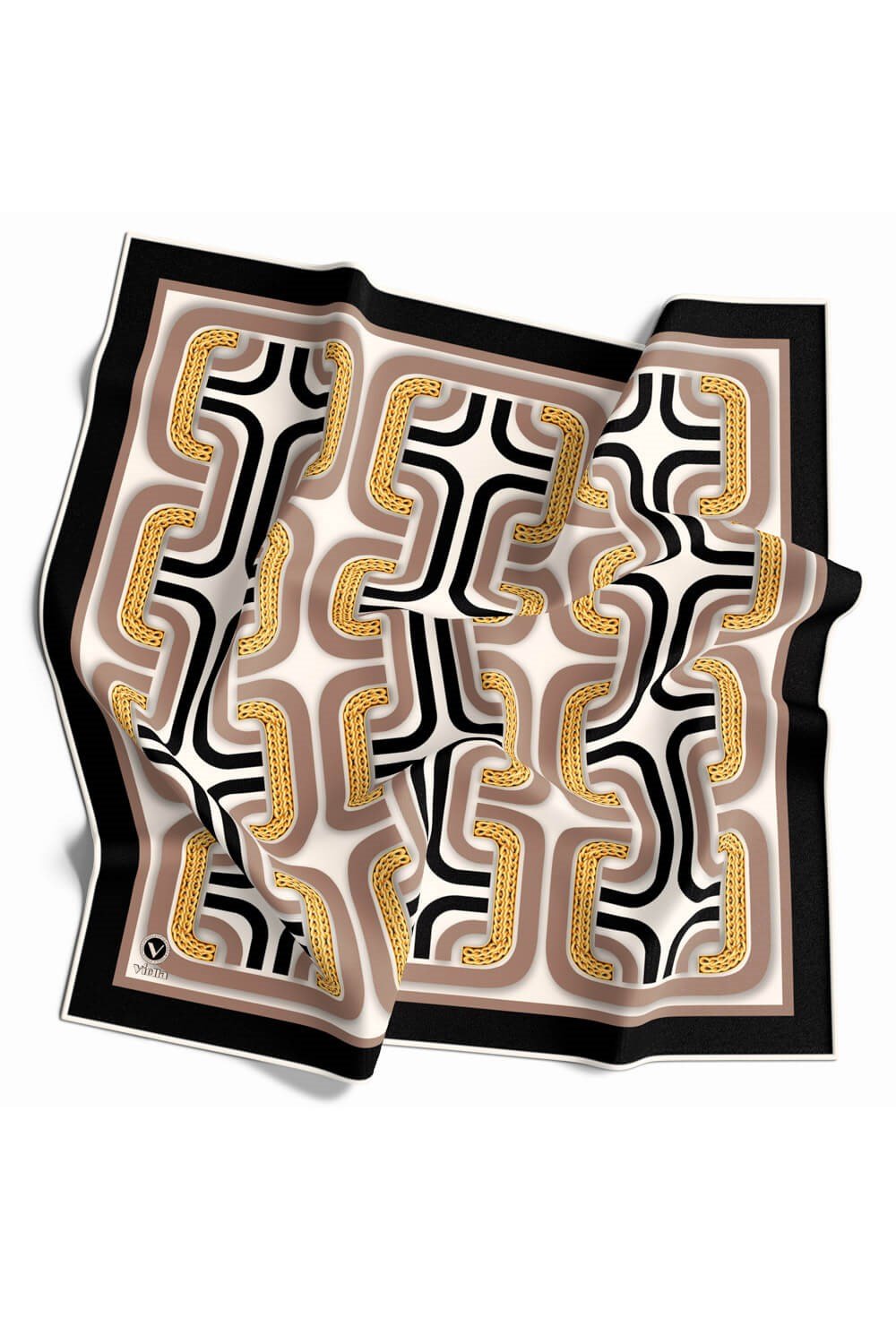 Twill Geometrik Zincir Desenli Bej Renkli 90x90 Eşarp (İpek İçermez) Kenar Dikiş Şekli El Dikişli