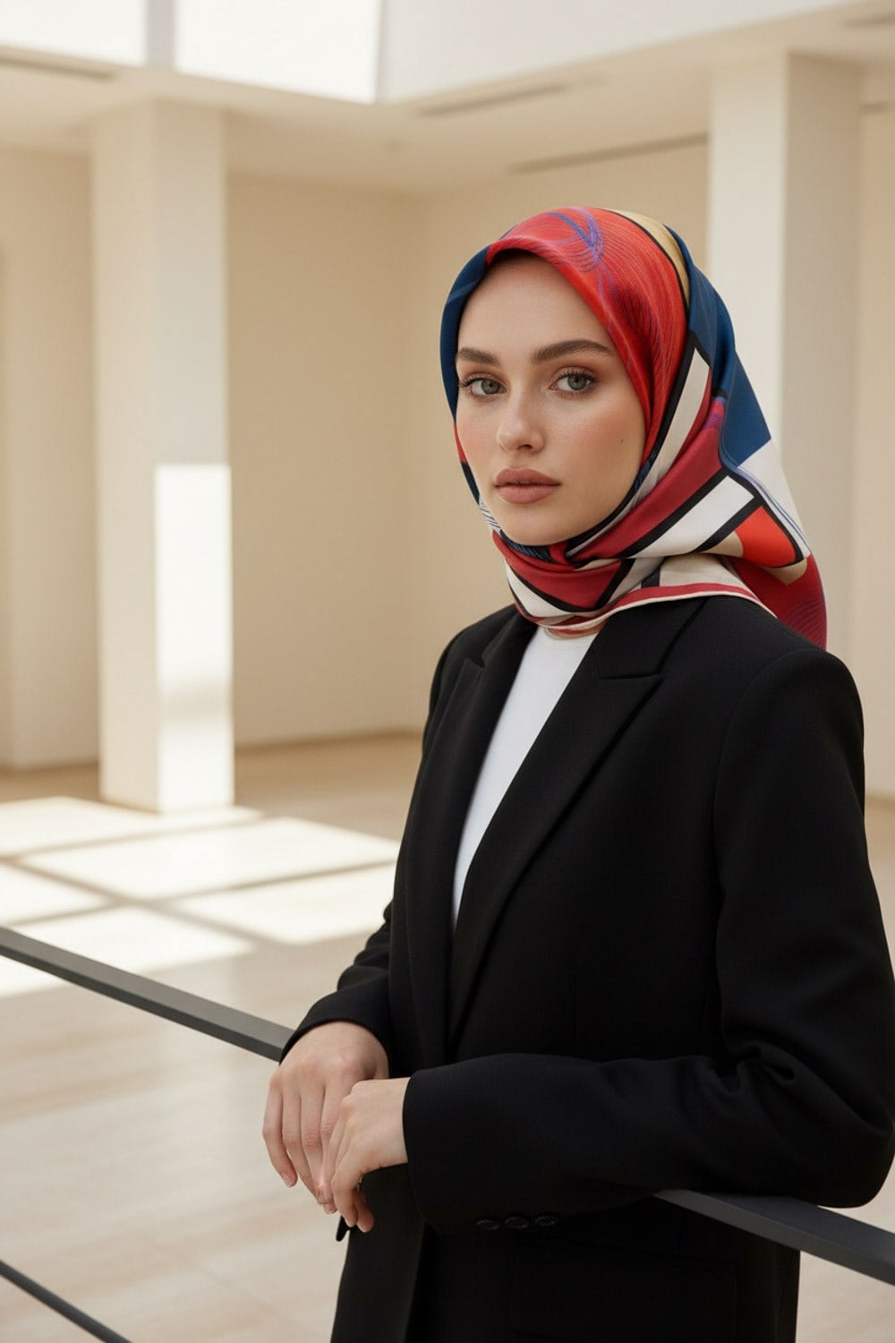 %100 Twill İpek Geometrik Desenli Kırmızı- Lacivert Renkli 90x90 Eşarp Dikim Şekli : El Dikişi