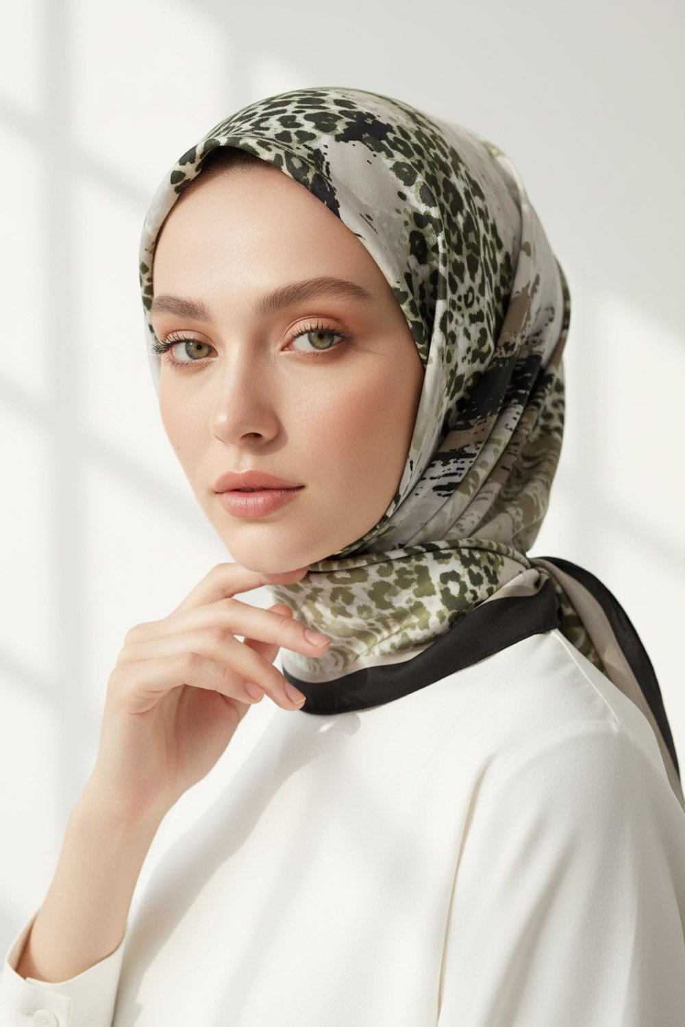 KREP LEOPAR DESENLİ KREM - HAKİ YEŞİLİ RENKLİ 75X195 KIRIŞMAZ ŞAL