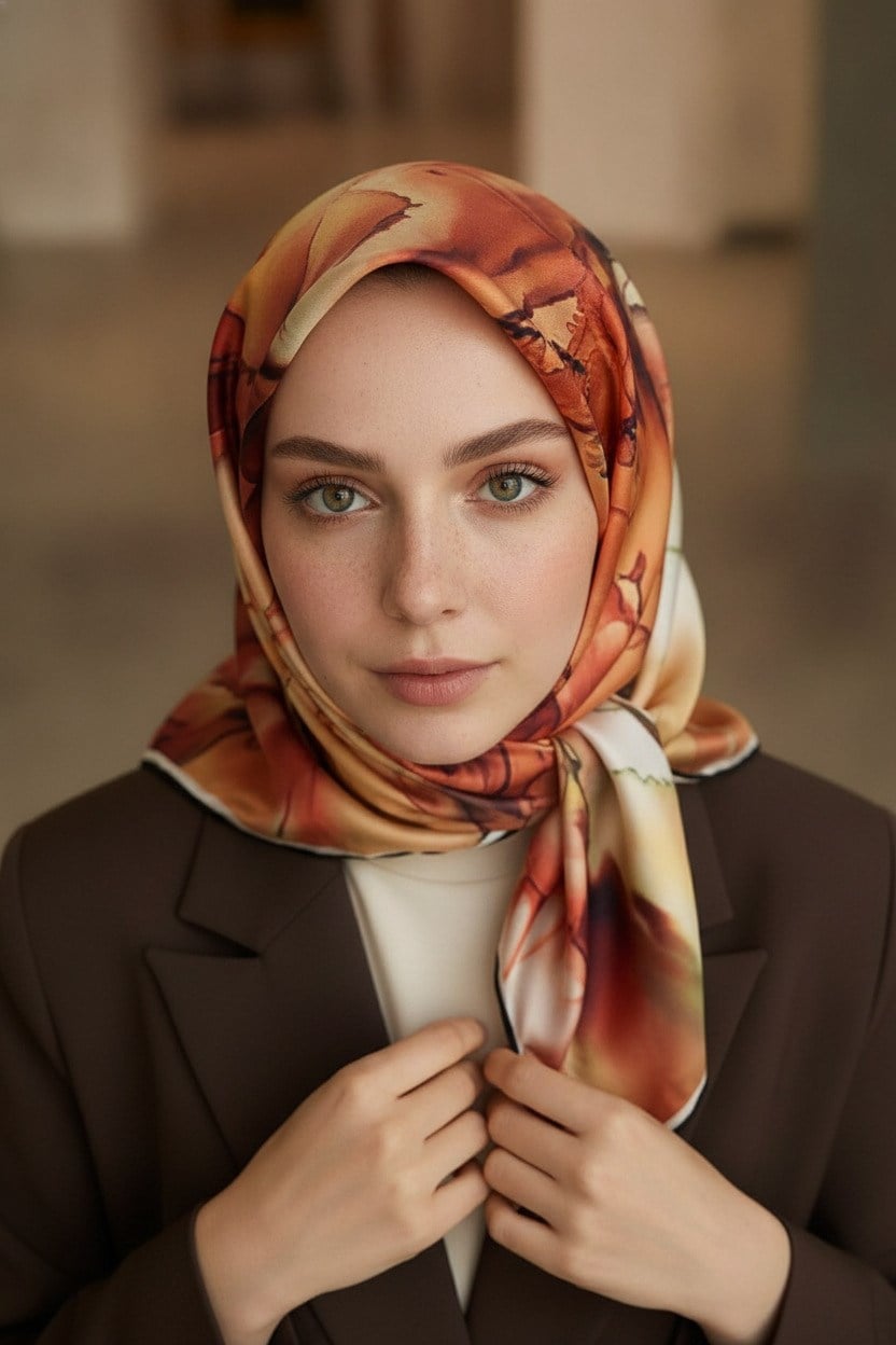%100 Twill İpek Batik Çiçek Desenli Taba - Haki Yeşili Renkli 90x90 Eşarp Kenar Dikiş Şekli El Dikişli