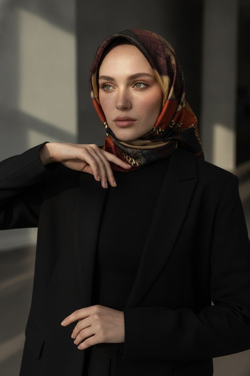 %100 Twill İpek Taş Efekti Desenli Taba - Siyah Renkli 90x90 Eşarp Dikim Şekli : El Dikişi