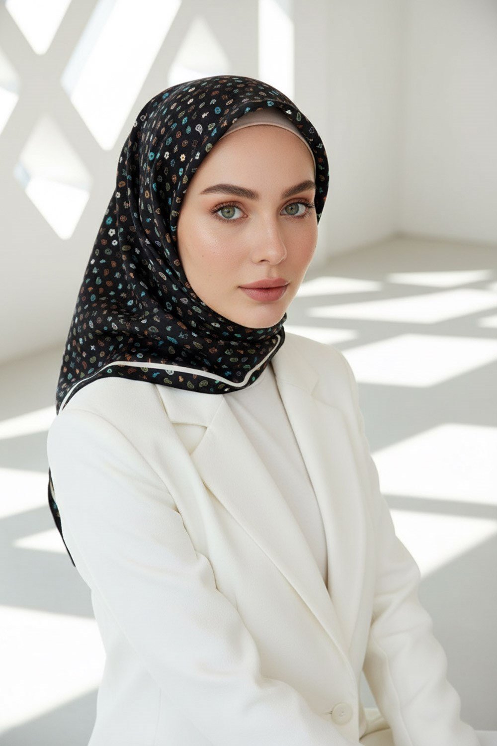 %100 Twill İpek Çıtır Desenli Siyah Renkli 90x90 Eşarp Dikim Şekli : El Dikişi