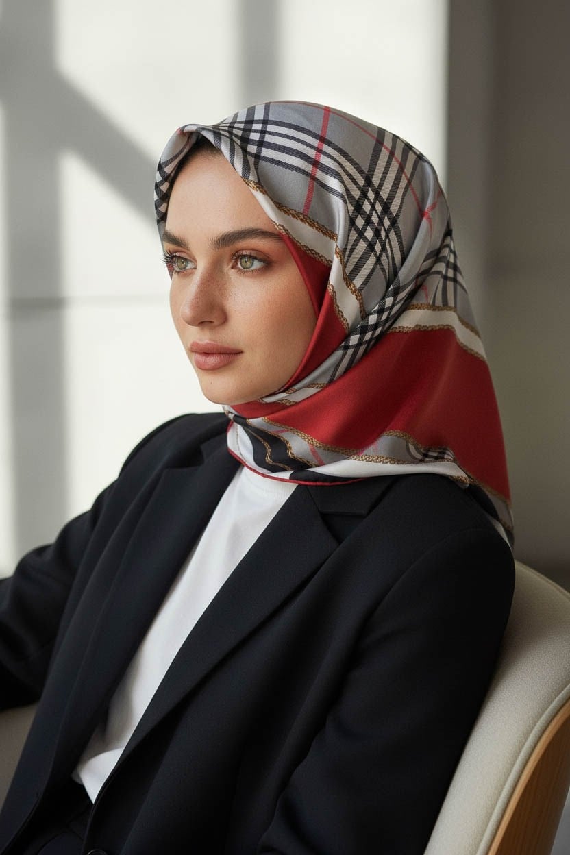 %100 Twill İpek Ekose Desenli Bordo Renkli 90x90 Eşarp Dikim Şekli : El Dikişi