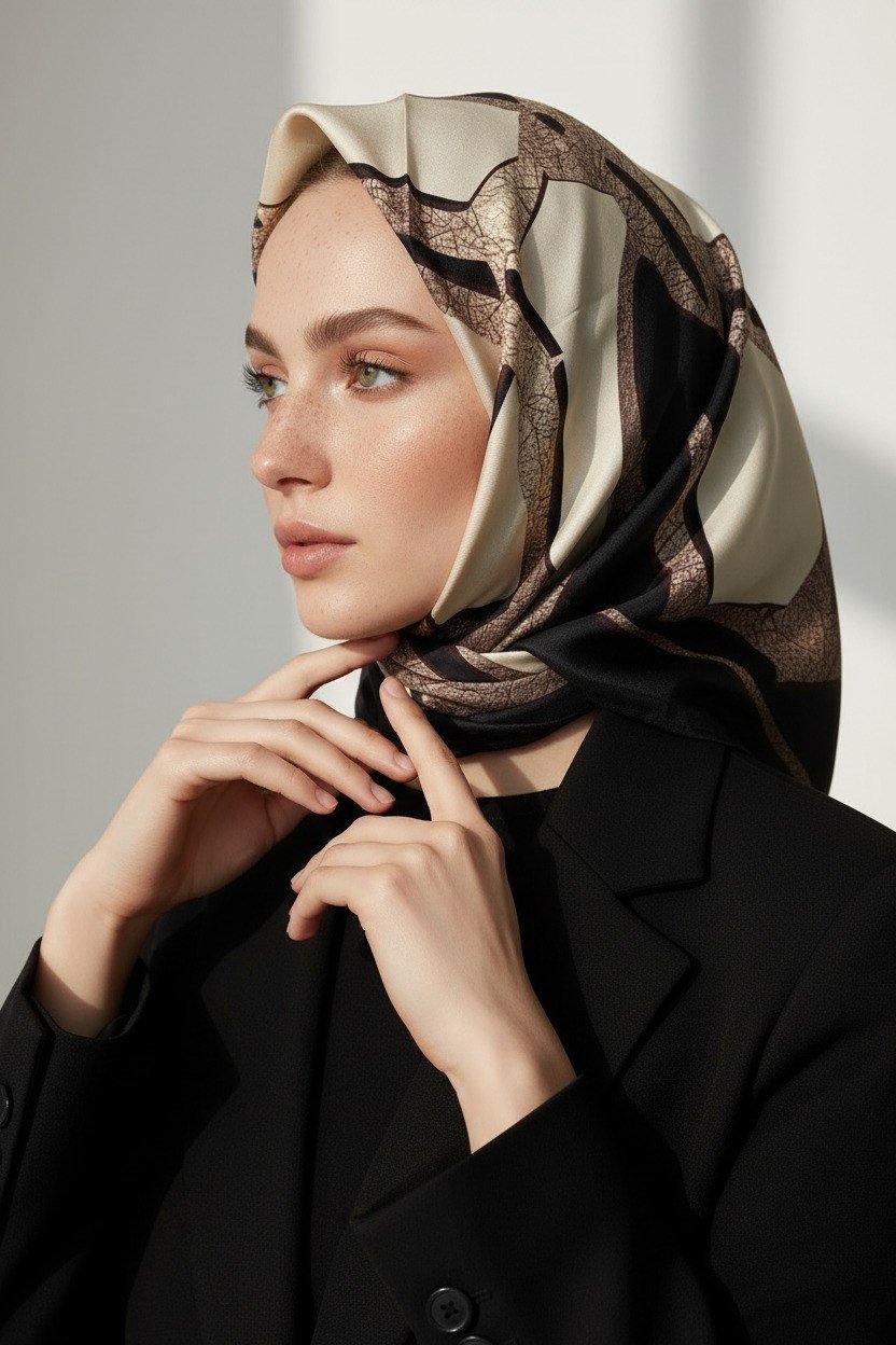 % 57 İPEK % 43 VİSKON Twill İpek Gold Efektli Geometrik Desenli Siyah - Krem Renkli 90x90 Eşarp Dikim Şekli : El Dikişi