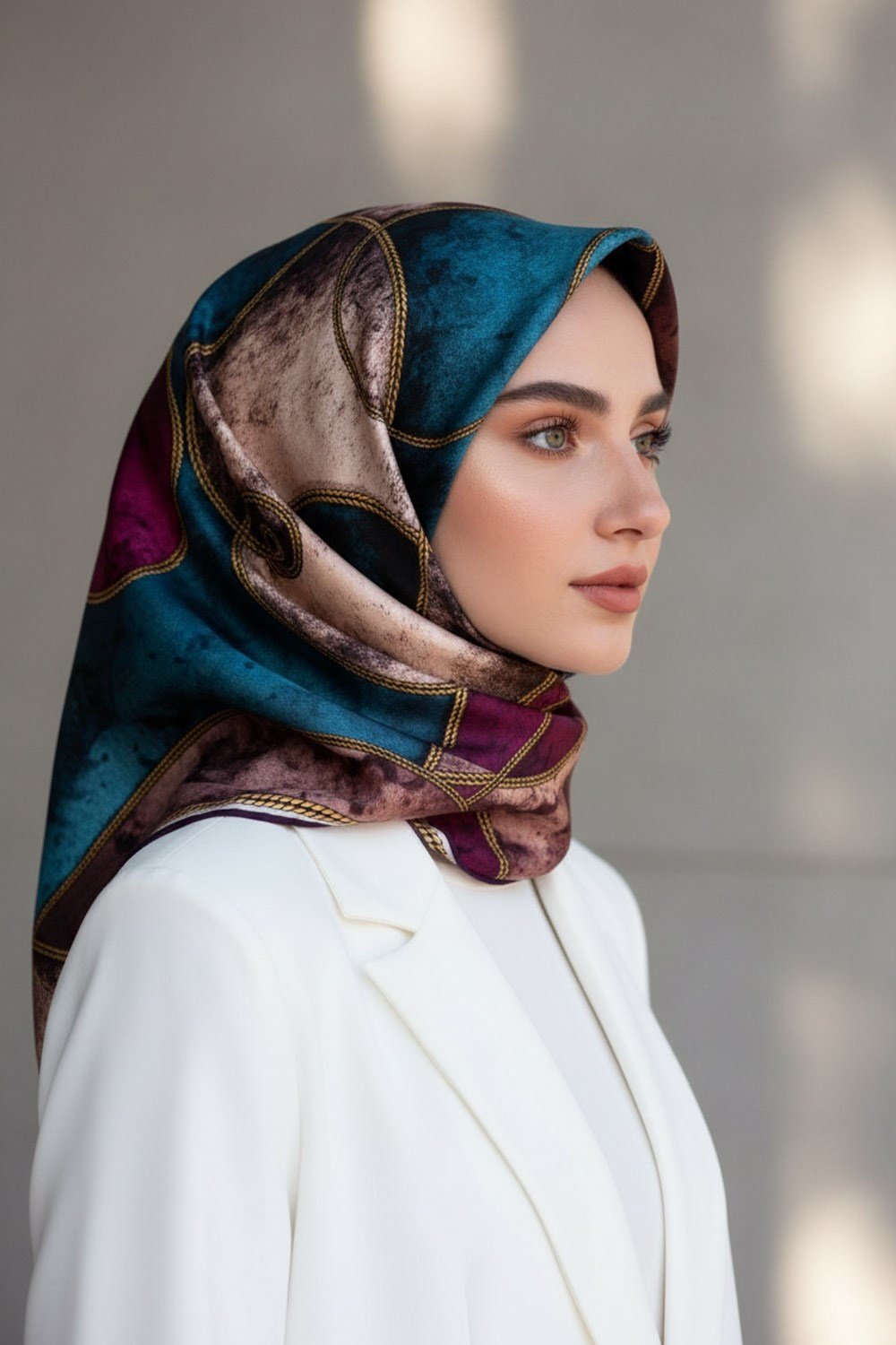 %100 Twill İpek Zincirli Mermer Desenli Mürdüm - Petrol Mavisi Renkli 90x90 Eşarp Dikim Şekli : El Dikişi
