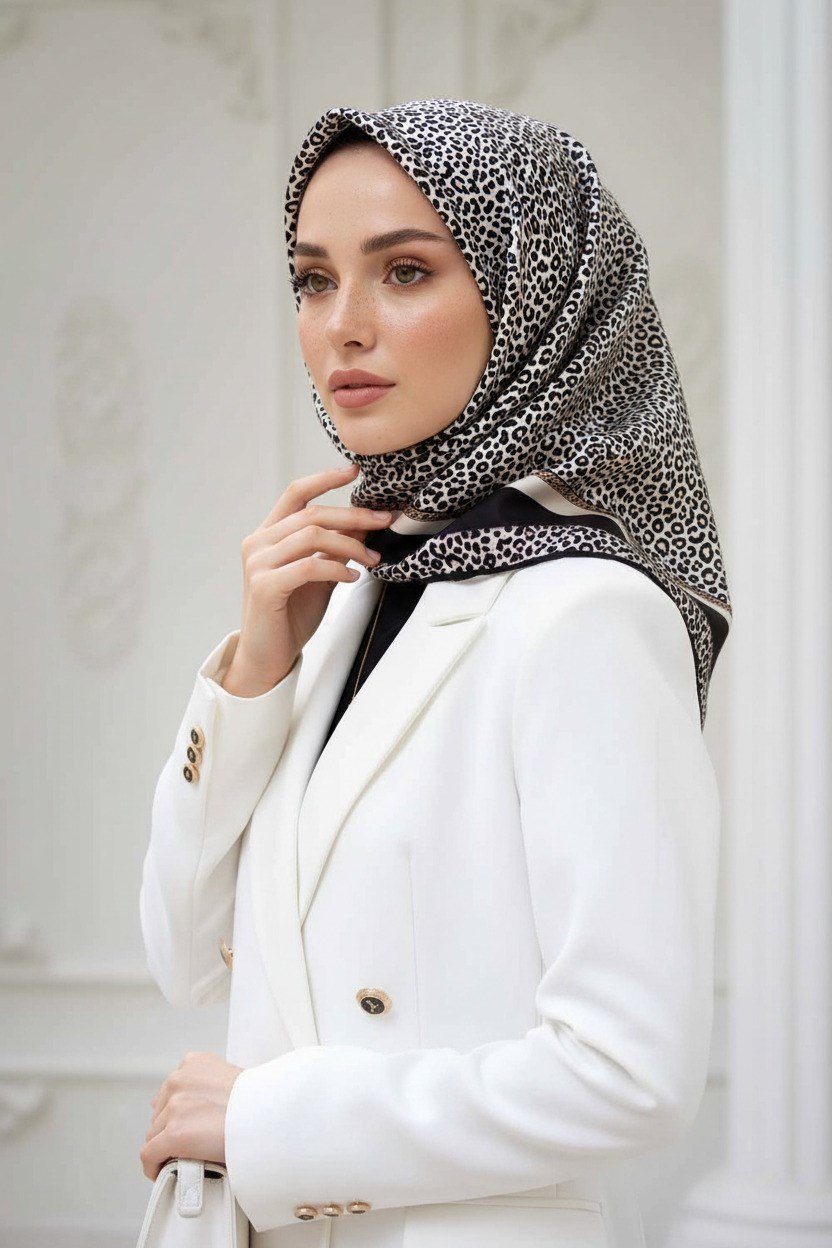 % 57 İPEK % 43 VİSKON Twill İpek Leopar Desenli Krem - Siyah Renkli 90x90 Eşarp Dikim Şekli : El Dikişi