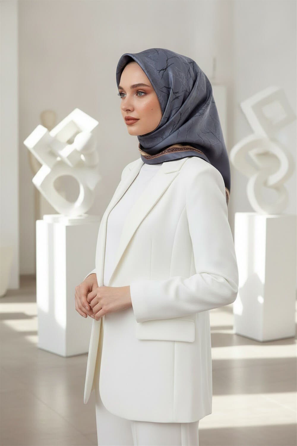 %100 Twill İpek Mermer Desenli Gri Renkli 90x90 Eşarp Dikim Şekli : El Dikişi