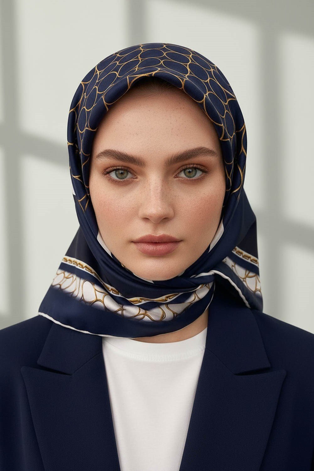 %100 Twill İpek Gold Halka Desenli Lacivert - Krem Renkli 90x90 Eşarp Dikim Şekli : El Dikişi