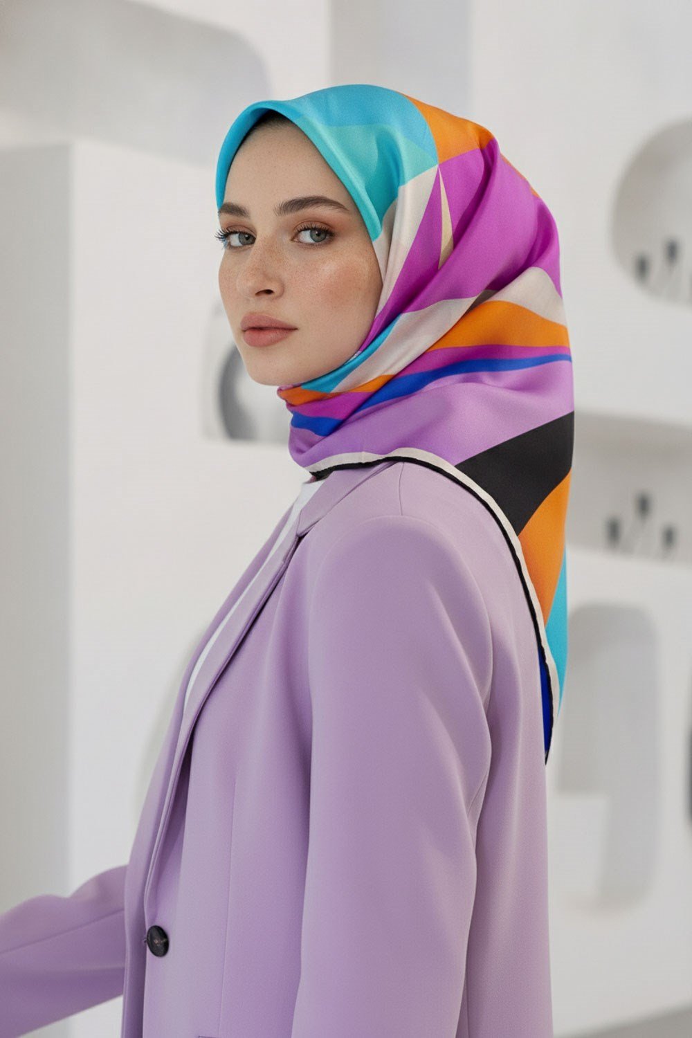 %100 Twill İpek Geometrik Desenli Fuşya - Turuncu Renkli 90x90 Eşarp Dikim Şekli : El Dikişi