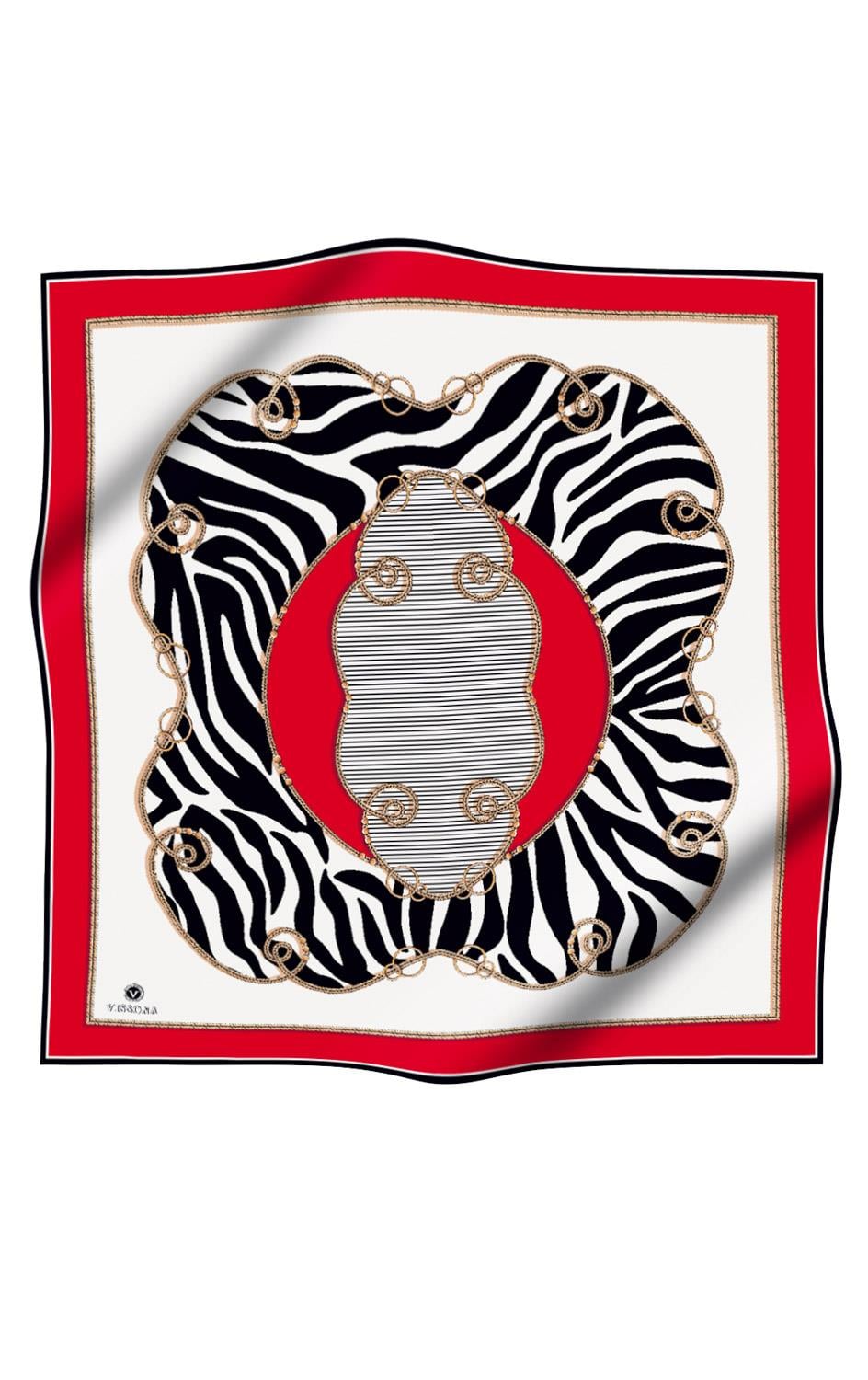 %100 Twill İpek Zincirli Ve Zebra Desenli Kırmızı - Siyah Renkli 90x90 Eşarp Dikim Şekli : El Dikişi