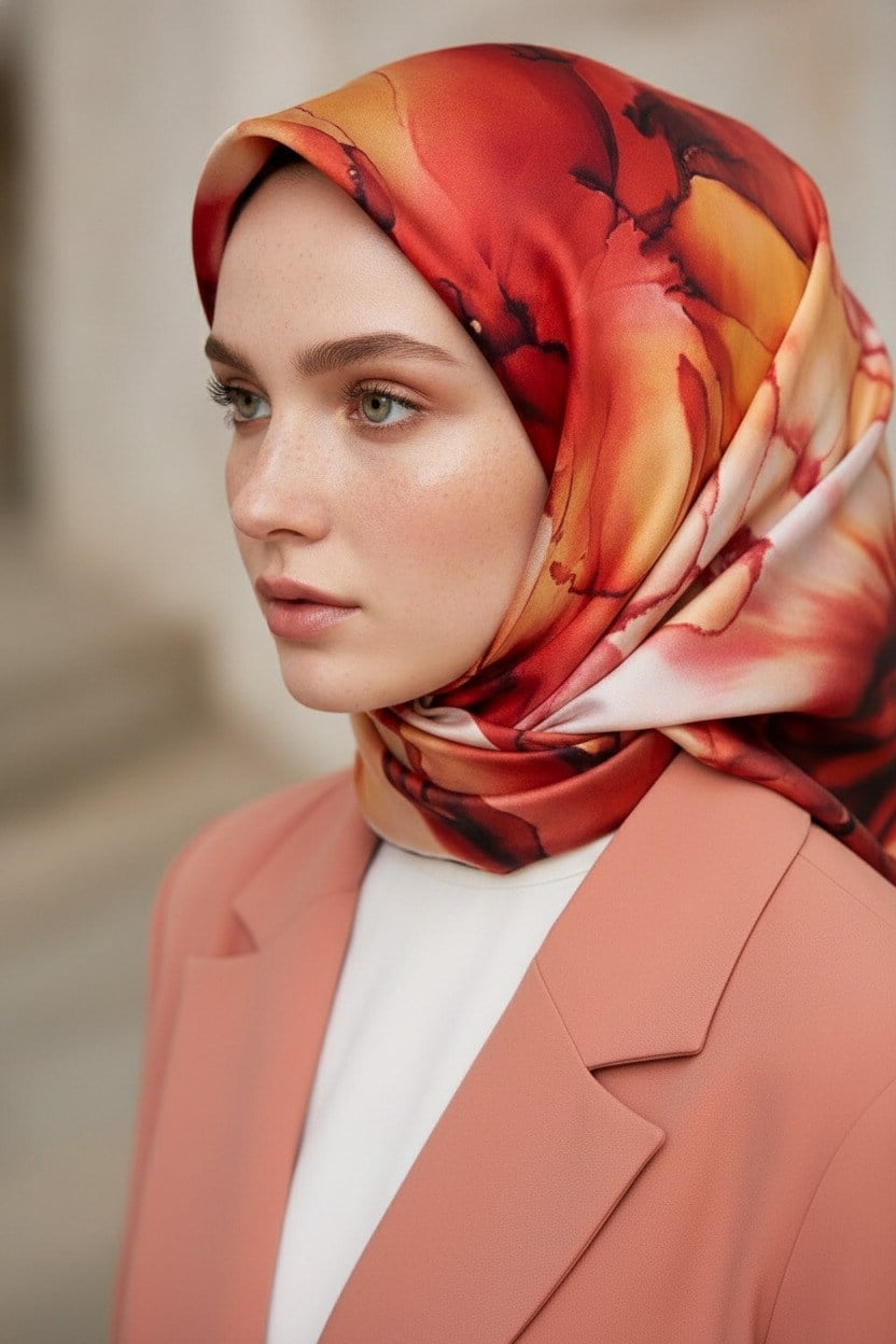 %100 Twill İpek Batik Çiçek Desenli Hardal - Kırmızı Renkli 90x90 Eşarp Kenar Dikiş Şekli El Dikişli
