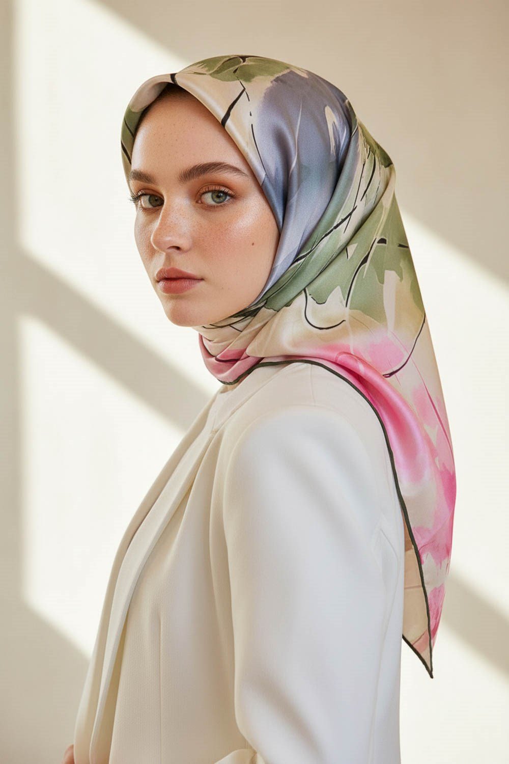 %100 Twill İpek Sulu Boya Çiçek Desenli Haki Renkli 90x90 Eşarp Dikim Şekli : El Dikişi