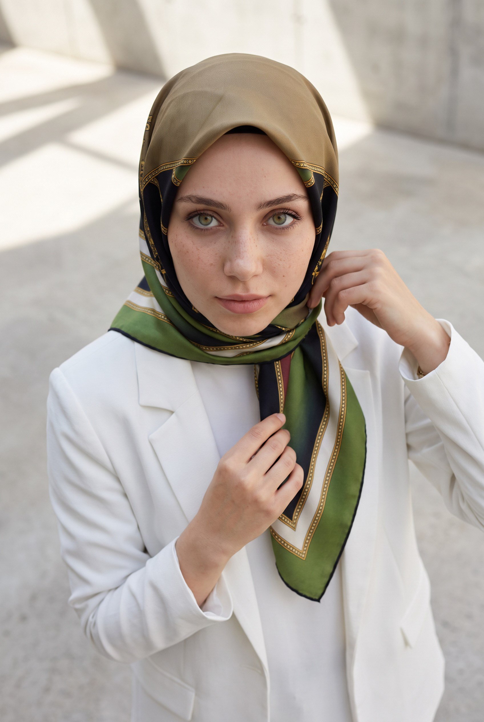 %100 Twill İpek Baroklu Ve Geometrik Desenli Haki - Bej Renkli 90x90 Eşarp Dikim Şekli : El Dikişi