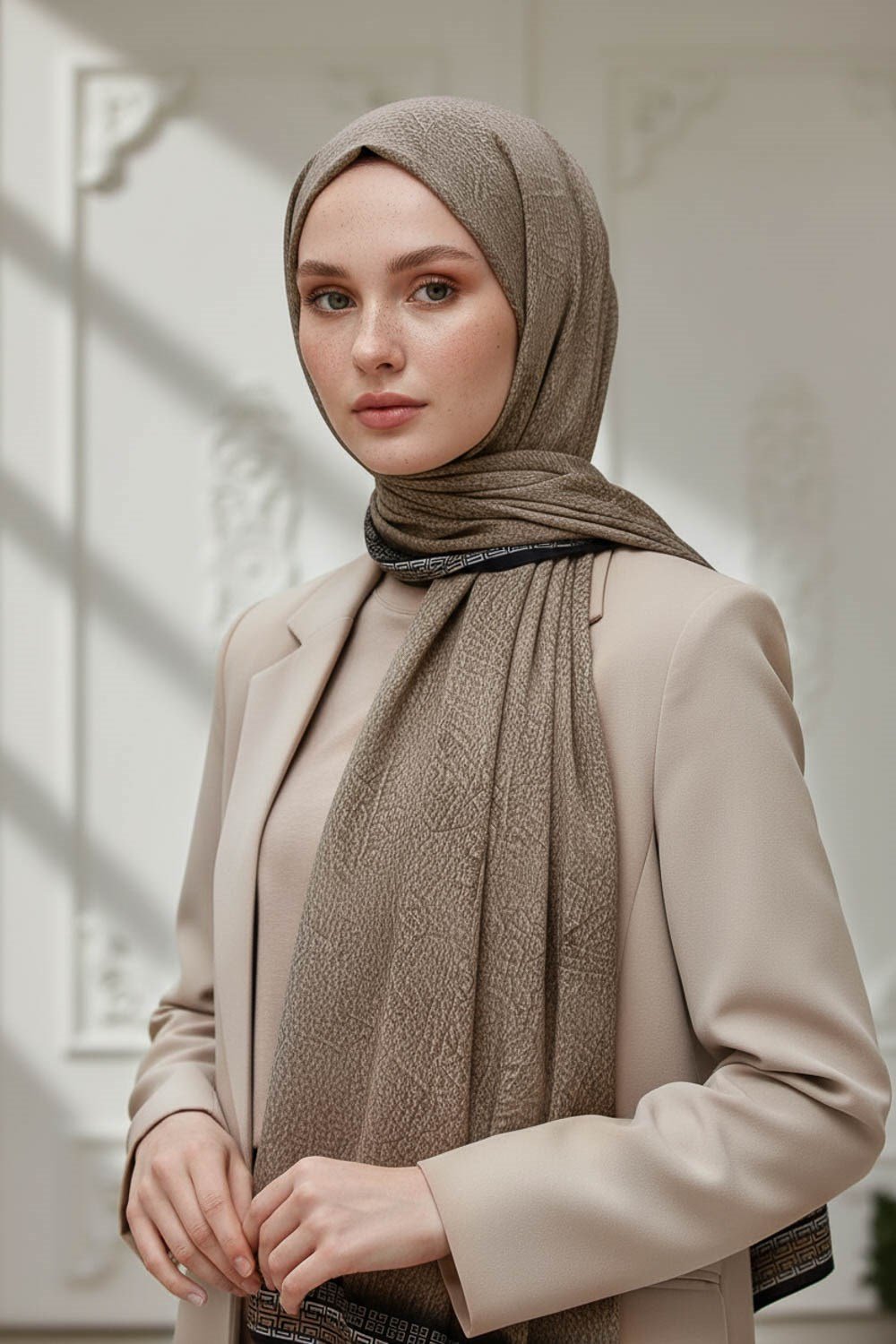 KREP DESENLİ BEJ RENKLİ 75X195 KIRIŞMAZ ŞAL