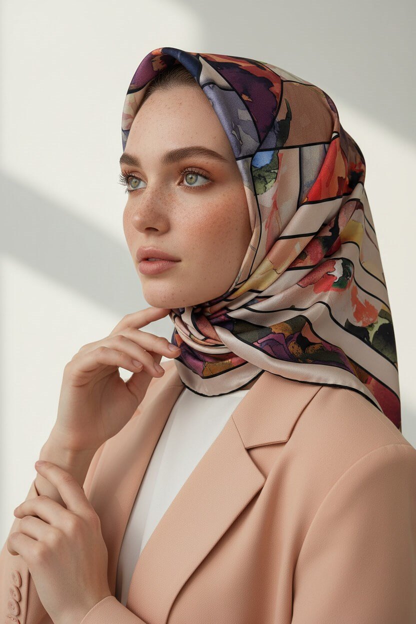 %100 Twill İpek Bahar Çiçekleri Desenli Pudra - Bebe Mavisi Renkli 90x90 Eşarp Kenar Dikiş Şekli El Dikişli