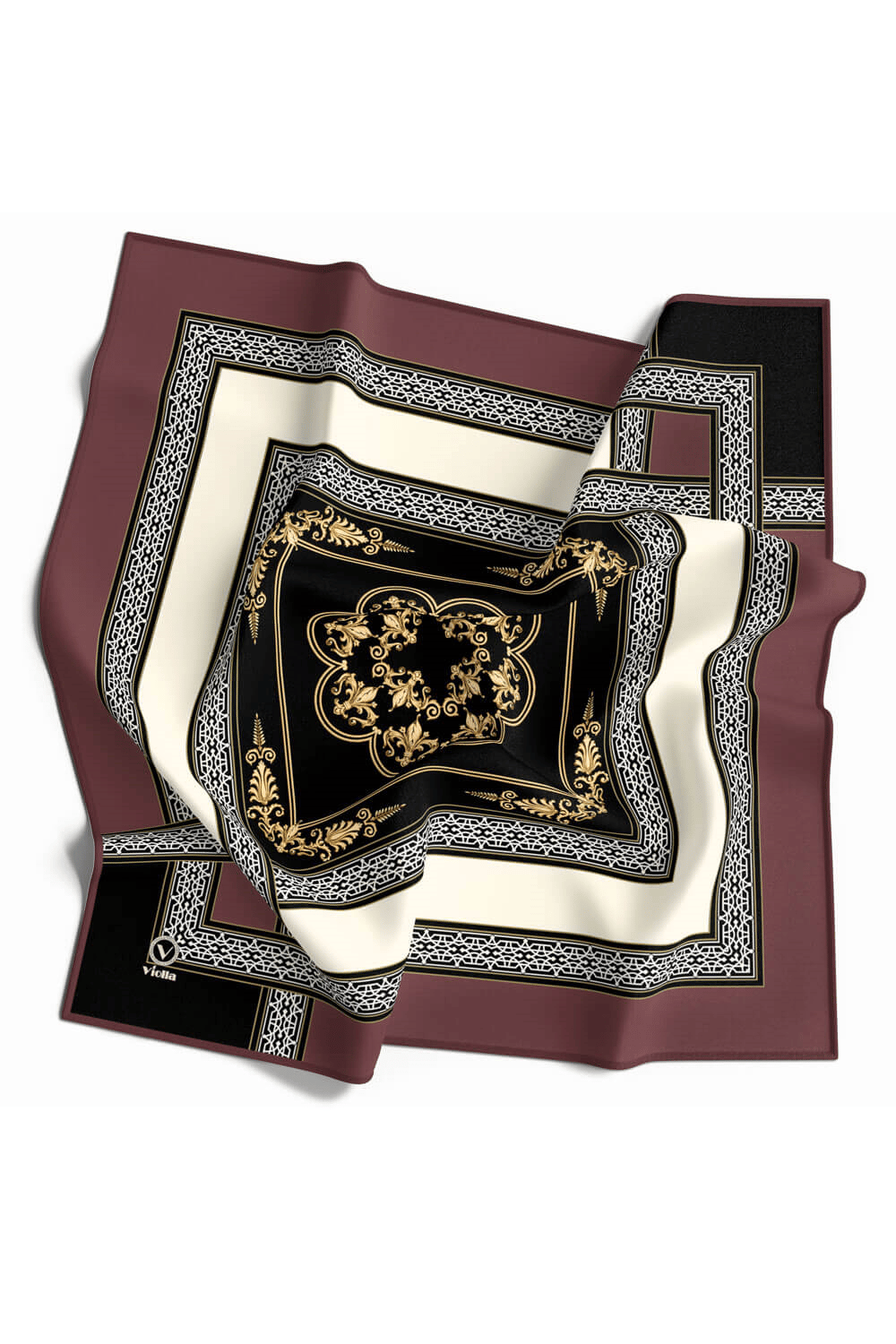 Twill Baroklu Bordür Desenli Gül Kurusu Renkli 90x90 Eşarp (İpek İçermez) Kenar Dikiş Şekli El Dikişli
