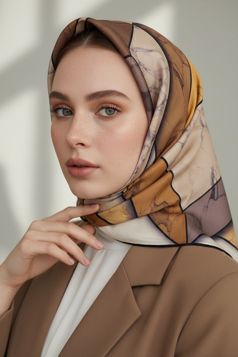 %100 Twill İpek Mermer Desenli Hardal - Bej Renkli 90x90 Eşarp Dikim Şekli : El Dikişi