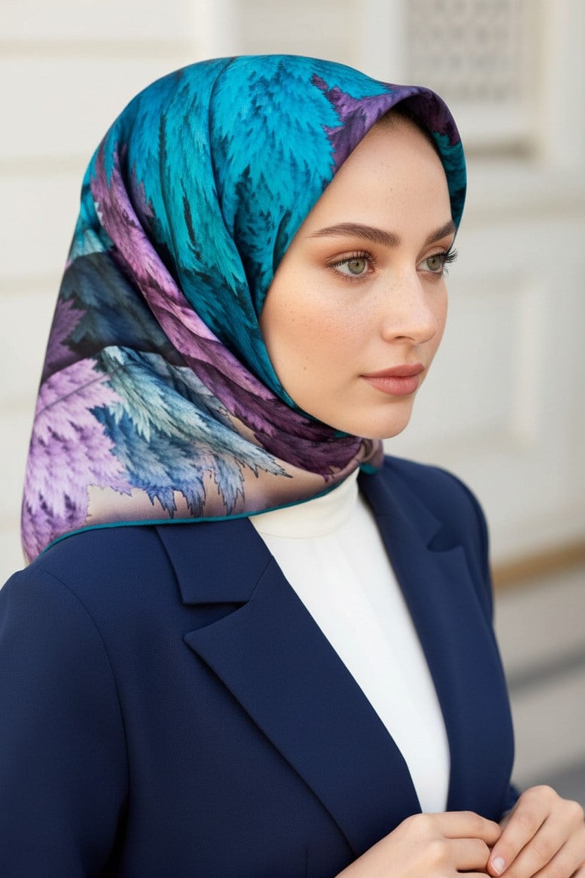 %100 Twill İpek Yaprak Desenli Krem - Turkuaz Renkli 90x90 Eşarp Dikim Şekli : El Dikişi