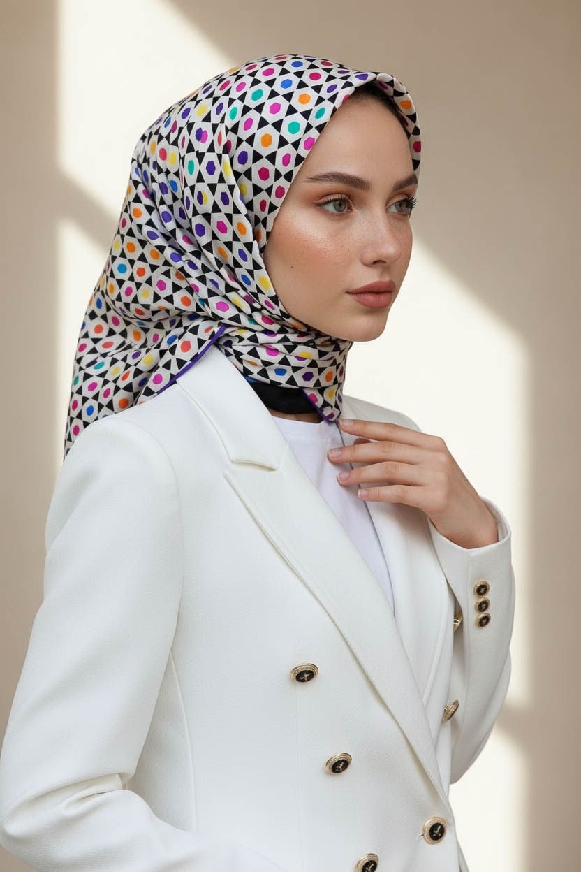 %100 Twill İpek Nokta Desenli Krem - Mor Renkli 90x90 Eşarp Dikim Şekli : El Dikişi