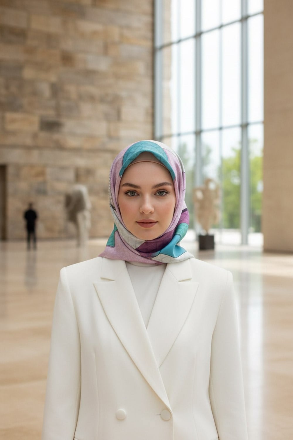 %100 Twill İpek Kazayaklı Ve Geometrik Desenli Pembe - Su Yeşili Renkli 90x90 Eşarp Dikim Şekli : El Dikişi