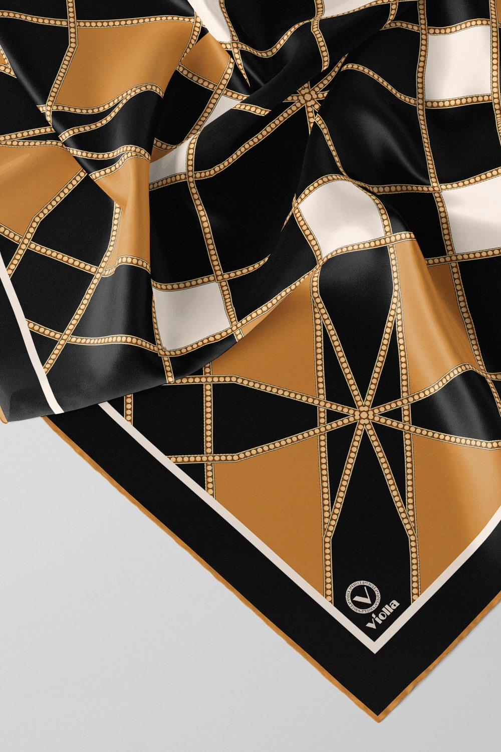 Twill Gold Detaylı Geometrik Çiçekli Desenli Hardal Renkli 90x90 Eşarp (İpek İçermez) Kenar Dikiş Şekli El Dikişli