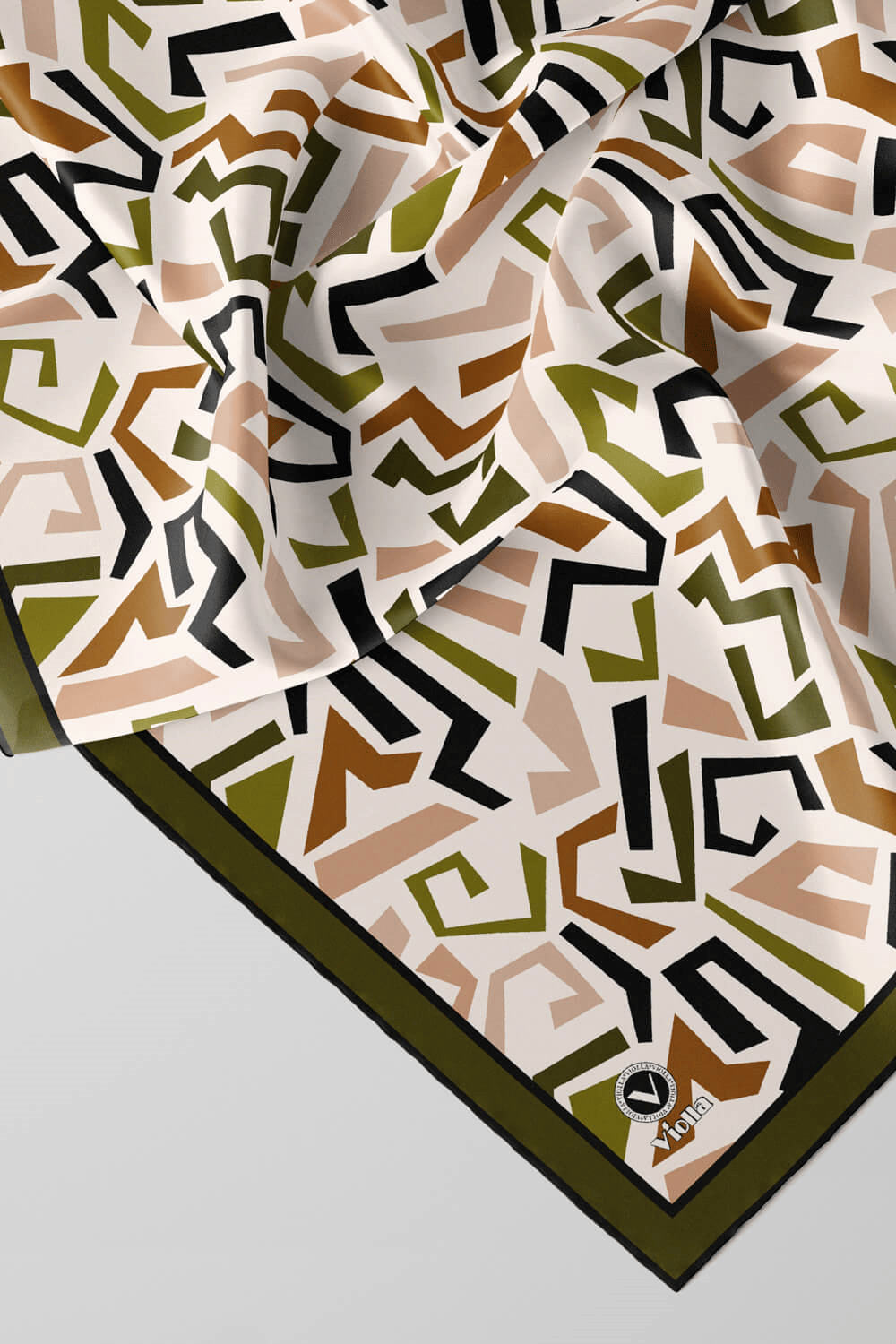 Twill Geometrik Desenli Haki Yeşili Renkli 90x90 Eşarp (İpek İçermez) Kenar Dikiş Şekli El Dikişli