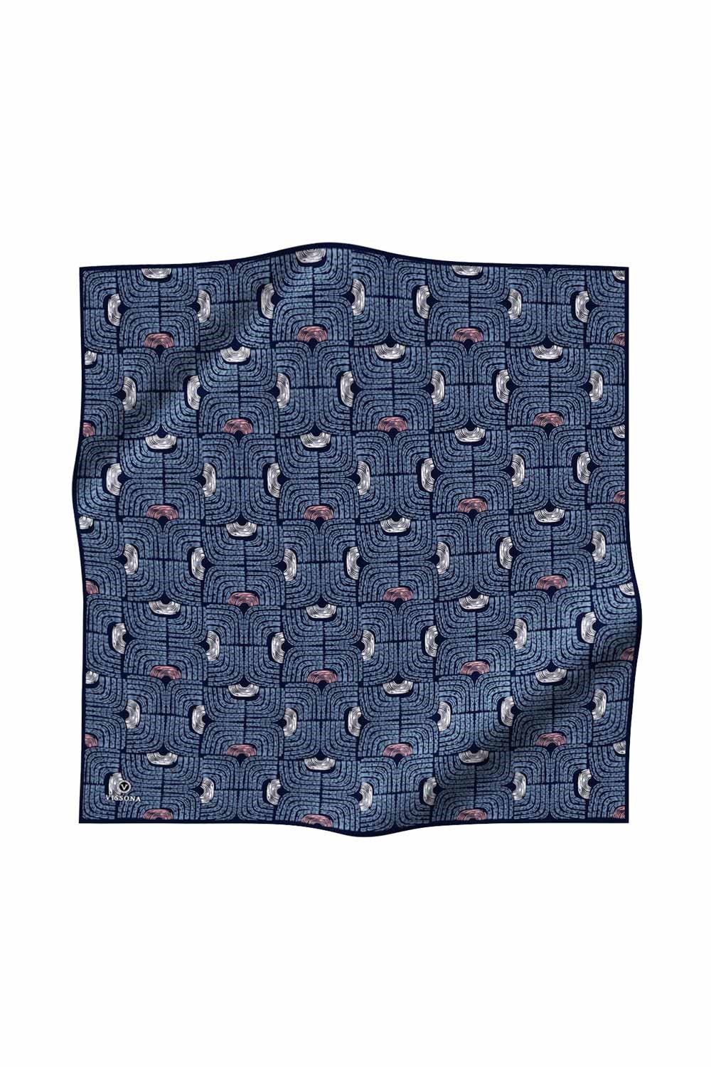%100 Twill İpek Geometrik Desenli İndigo - Siyah Renkli 90x90 Eşarp Dikim Şekli : El Dikişi
