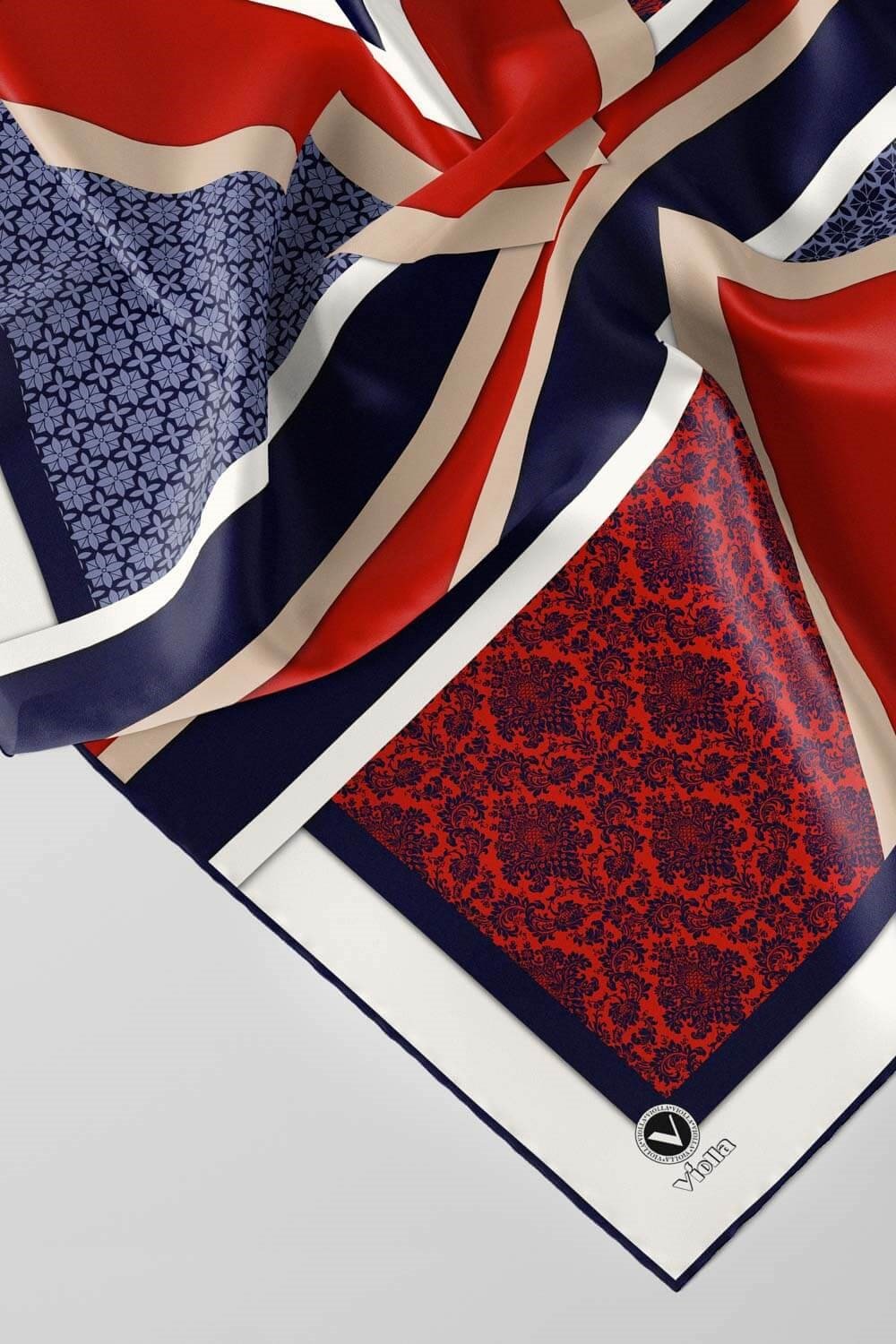 Twill Geometrik Barok Desenli Kırmızı - Lacivert  Renkli 90x90 Eşarp (İpek İçermez) Kenar Dikiş Şekli El Dikişli