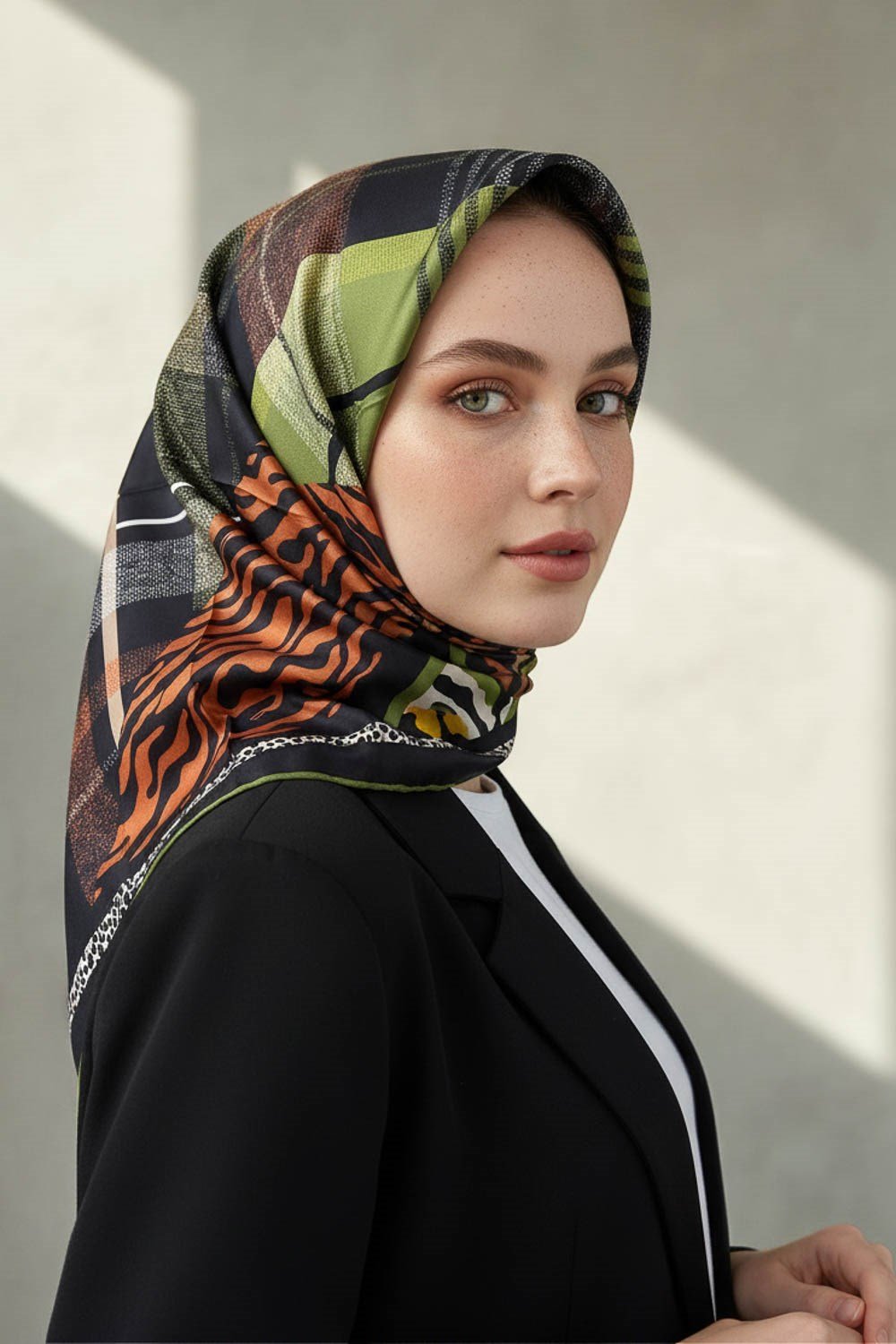 %100 Twill İpek Ekoseli Ve Leopar Desenli Siyah - Haki Renkli 90x90 Eşarp Dikim Şekli : El Dikişi