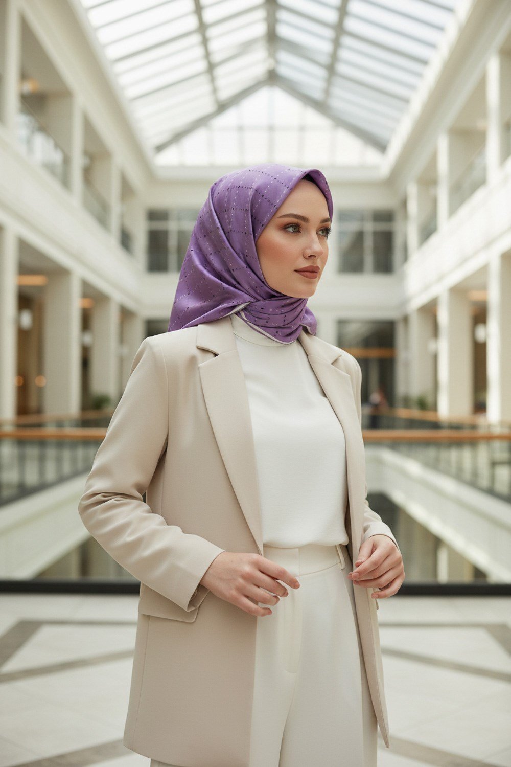 %100 Twill İpek Minik V Desenli Mor Renkli 90x90 Eşarp Dikim Şekli : El Dikişi