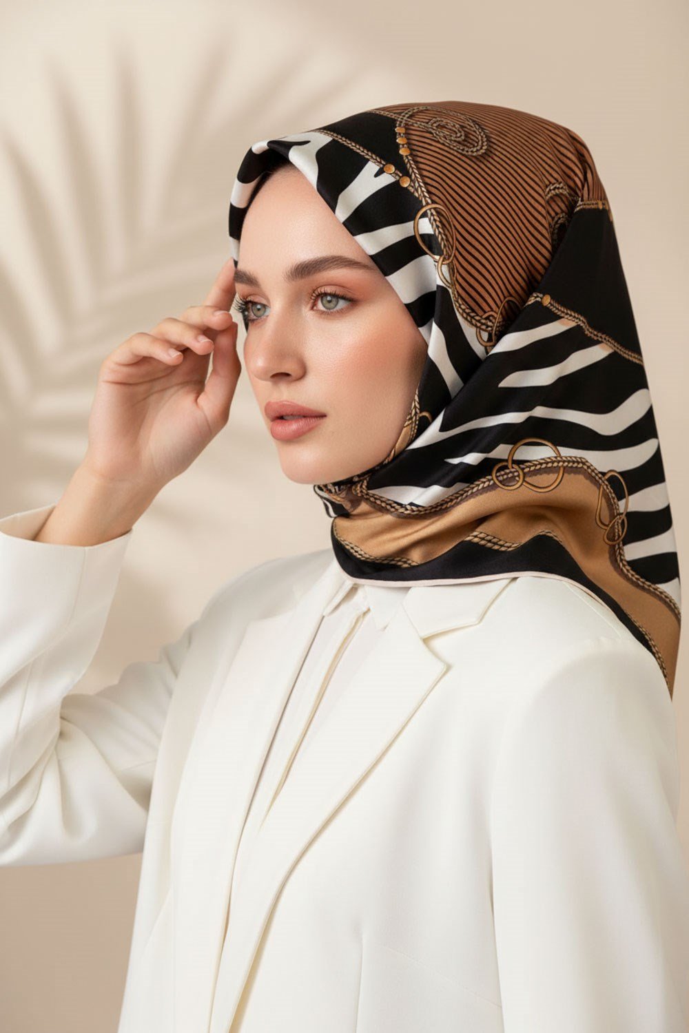 %100 Twill İpek Zincirli Ve Zebra Desenli Bej - Siyah Renkli 90x90 Eşarp Dikim Şekli : El Dikişi