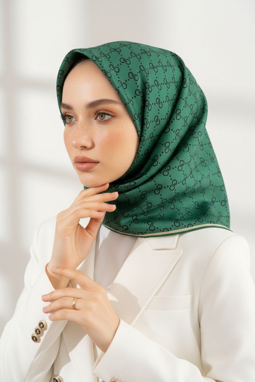 %57 İPEK %43 VİSKON Twill İpek Leopar Desenli Zümrüt Yeşili Renkli 90x90 Eşarp Dikim Şekli : El Dikişi