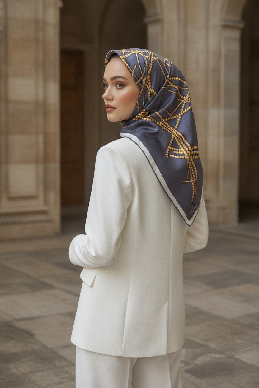 %100 Twill İpek İnci Desenli Gri Renkli 90x90 Eşarp Kenar Dikiş Şekli : El Dikişli