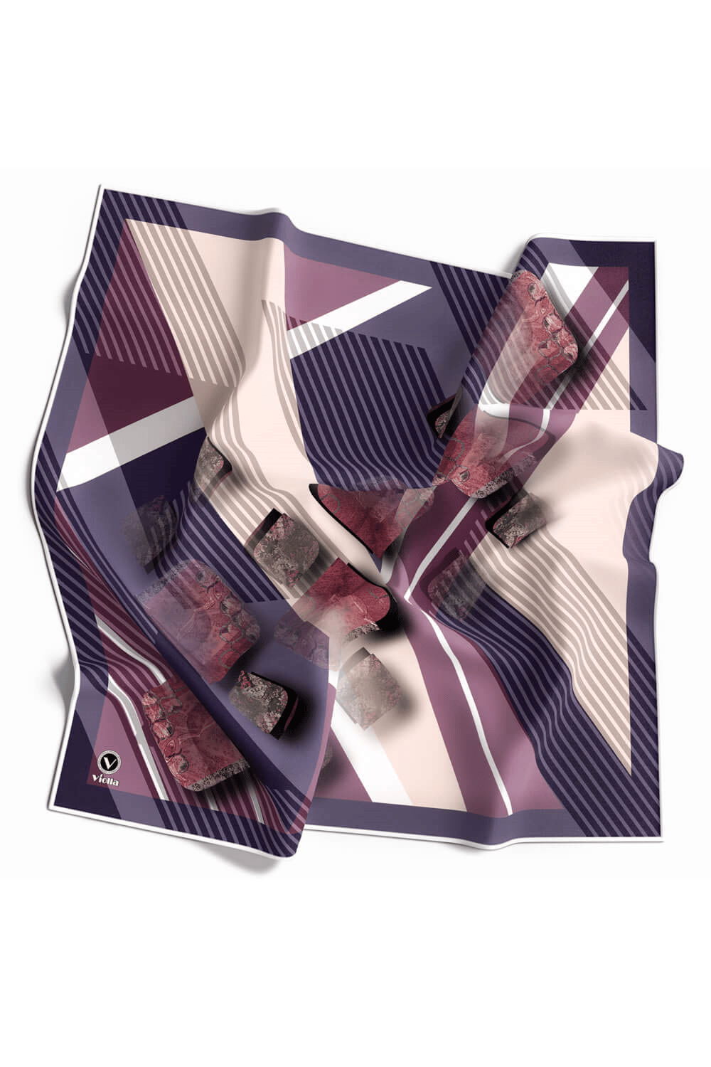 Twill Çizgili ve Geometrik Desenli Mor Renkli 90x90 Eşarp (İpek İçermez) Kenar Dikiş Şekli El Dikişli