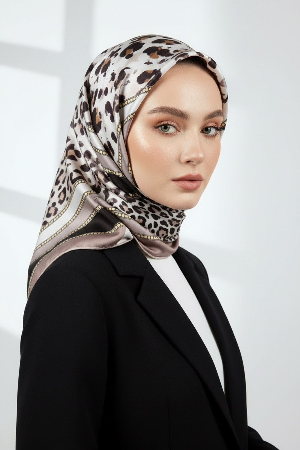 Twill Kemerli ve Leopar Desenli Bej Renkli 90x90 Eşarp (İpek İçermez) Dikim Şekli : El Dikişi