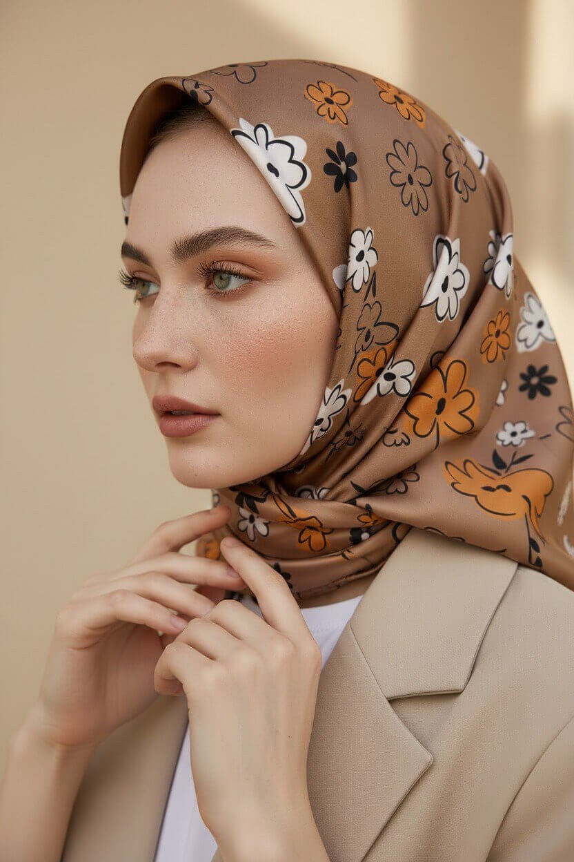 Rayon Papatya Desenli Bej Renkli 90x90 Eşarp (İpek İçermez) Kenar Dikiş Şekli El Dikişli