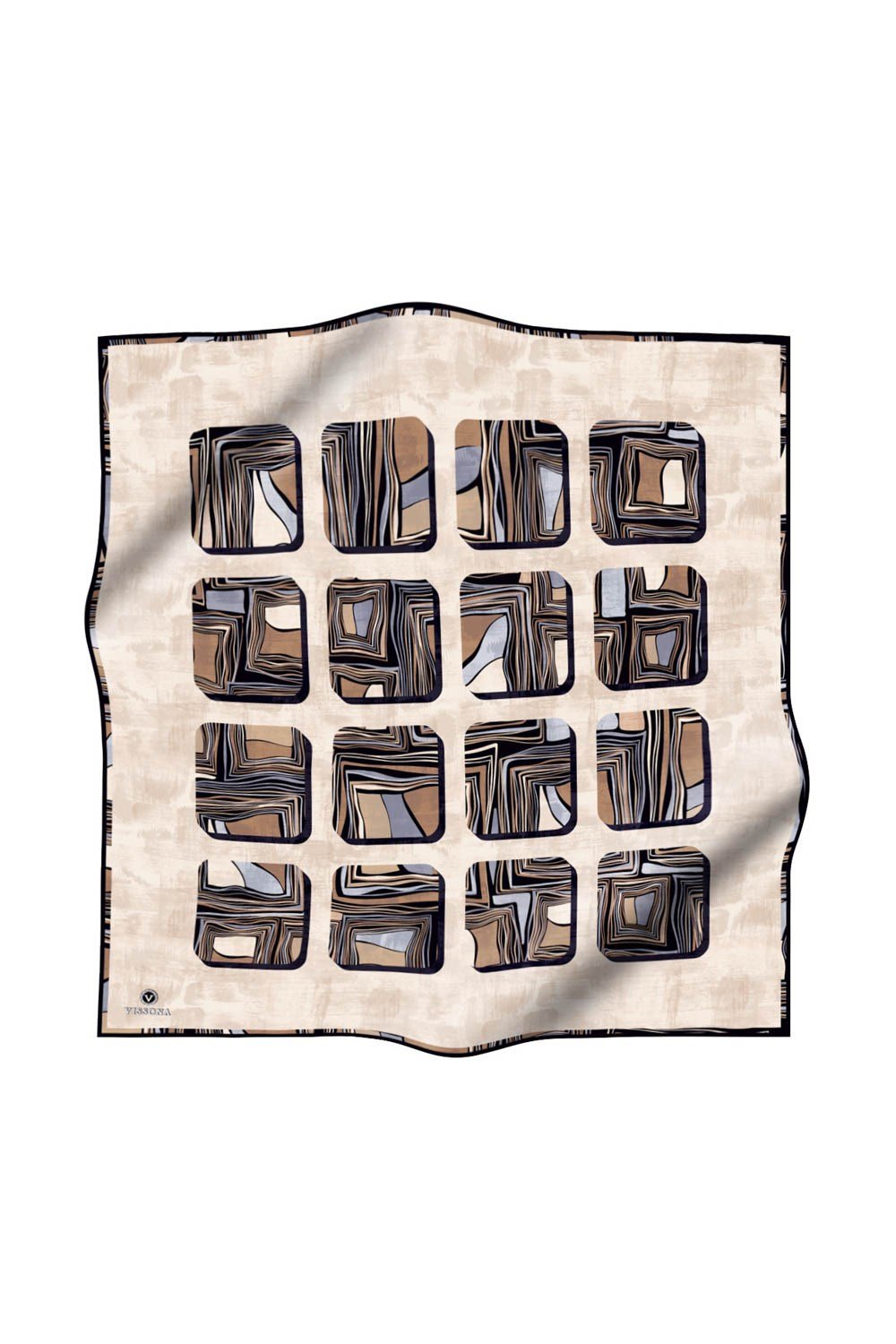 %100 Twill İpek Geometrik Kare Desenli Vizon - Gri Renkli 90x90 Eşarp Dikim Şekli : El Dikişi